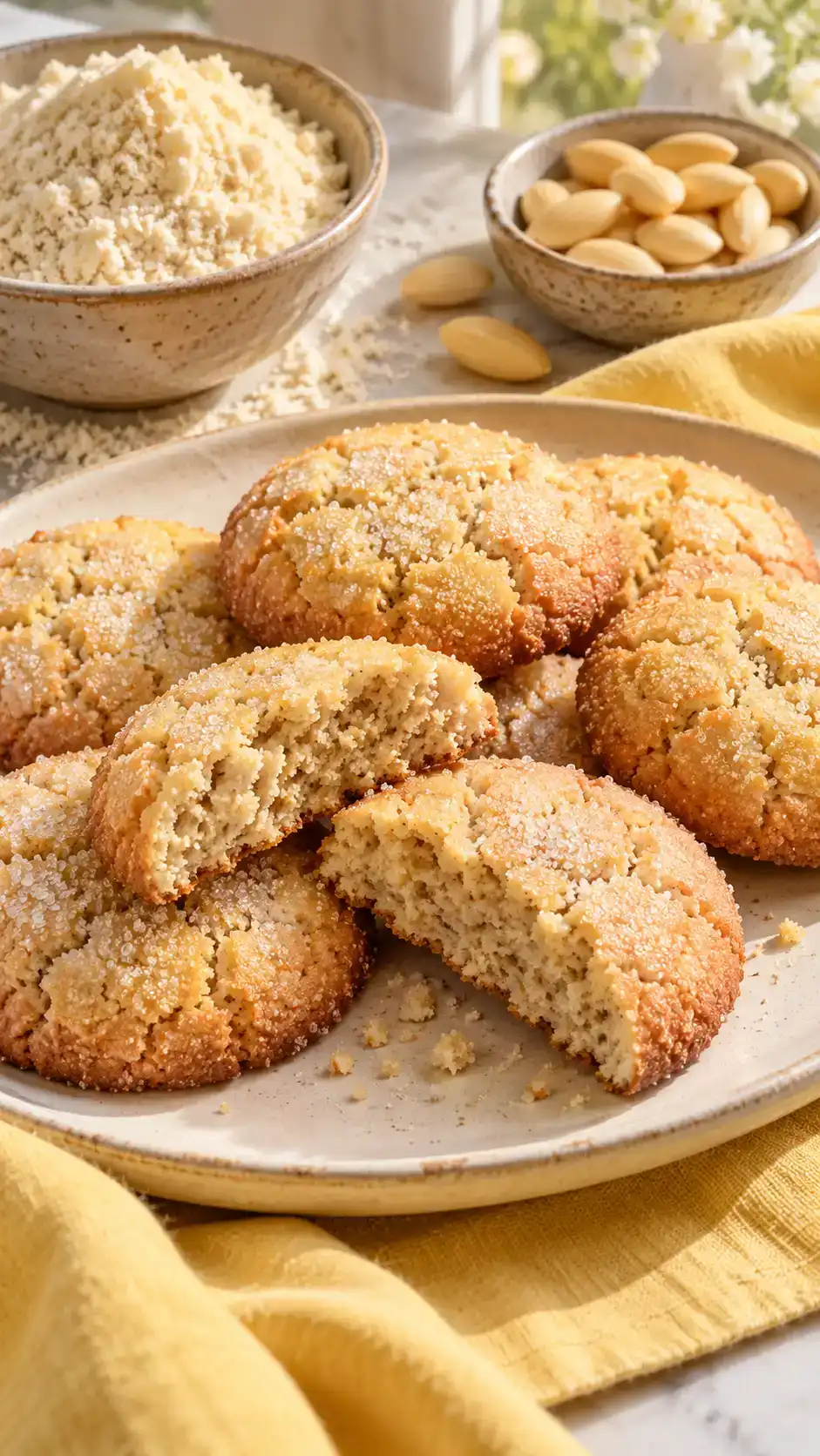 Gluten-free almond-flour sugar cookies with crackly sugar tops and a soft nutty crumb.