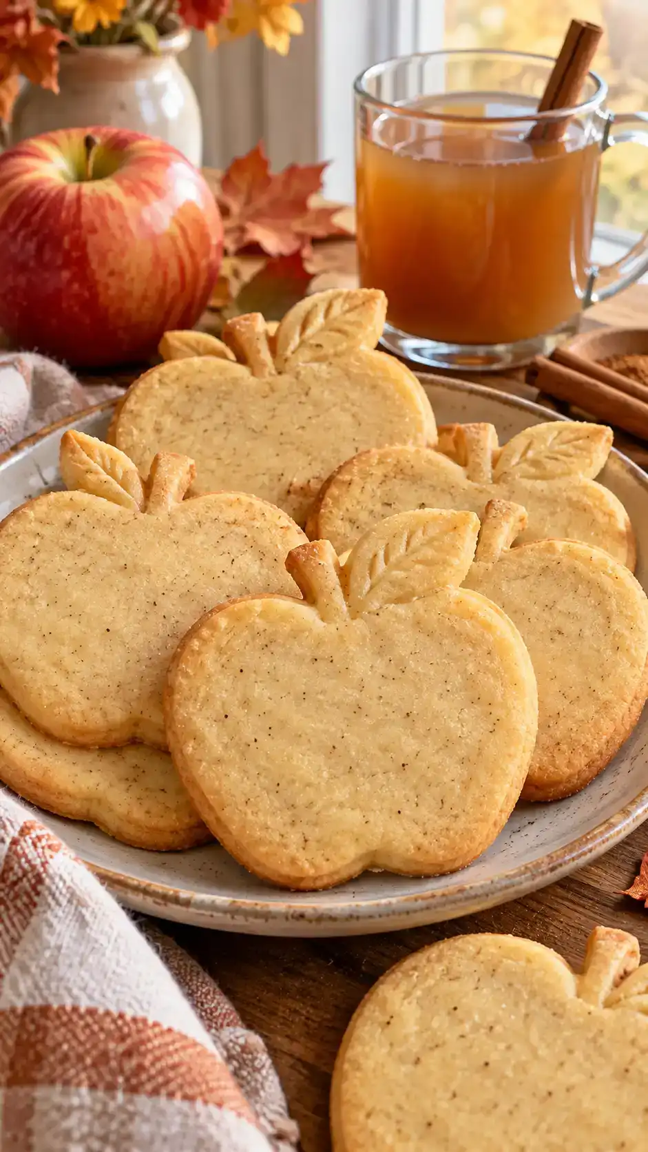 Apple-shaped cider sugar cookies with a warm apple-spice flavor and crisp, tidy cut-out edges.