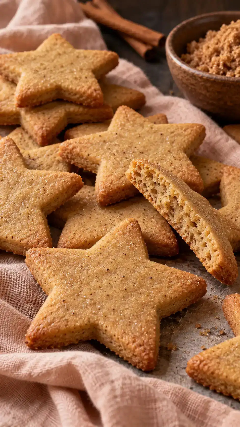 Golden-brown star-shaped sugar cookies with dark brown sugar, subtle warm spices and clean cut-out edges.
