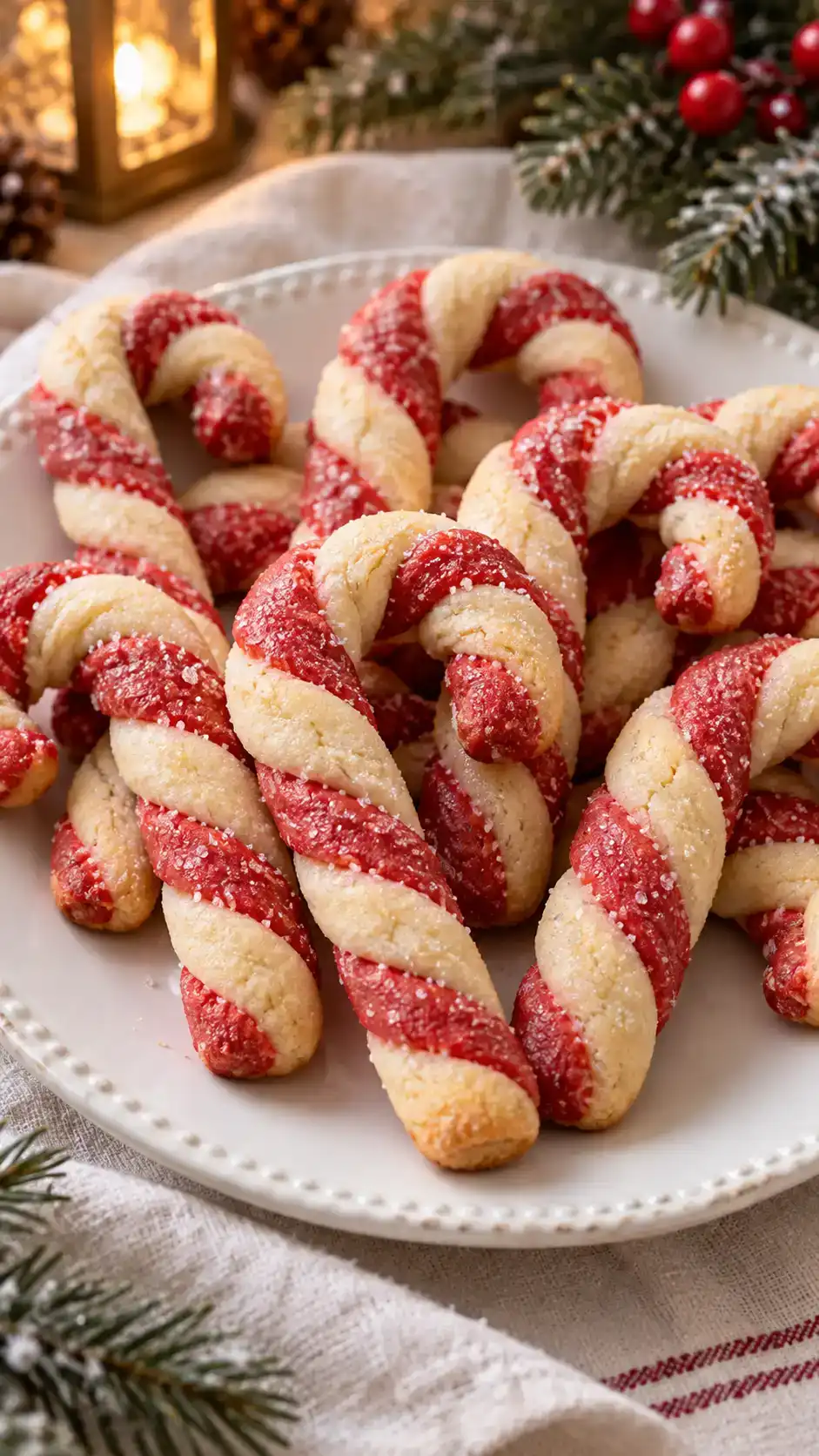 Red-and-white twisted peppermint sugar cookies shaped into small candy canes, with a sparkling peppermint finish.