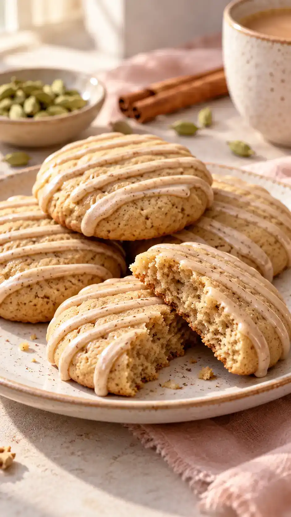 Soft chai-spiced sugar cookies with cinnamon, cardamom and honey, finished with fine ribbons of coffee icing.