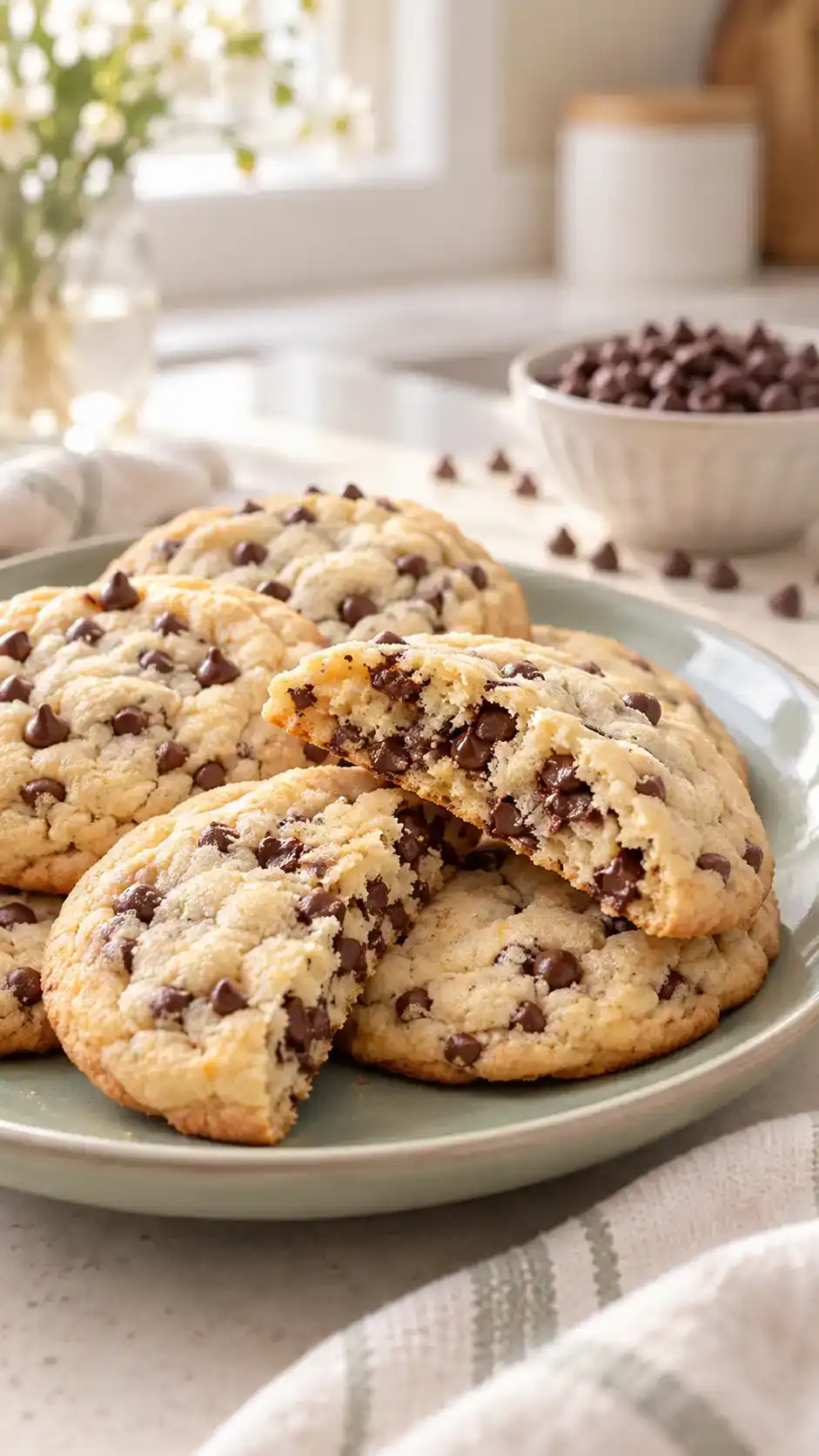 Chewy vanilla sugar cookies dotted with mini semisweet chocolate chips, with pale centers and gently golden edges.