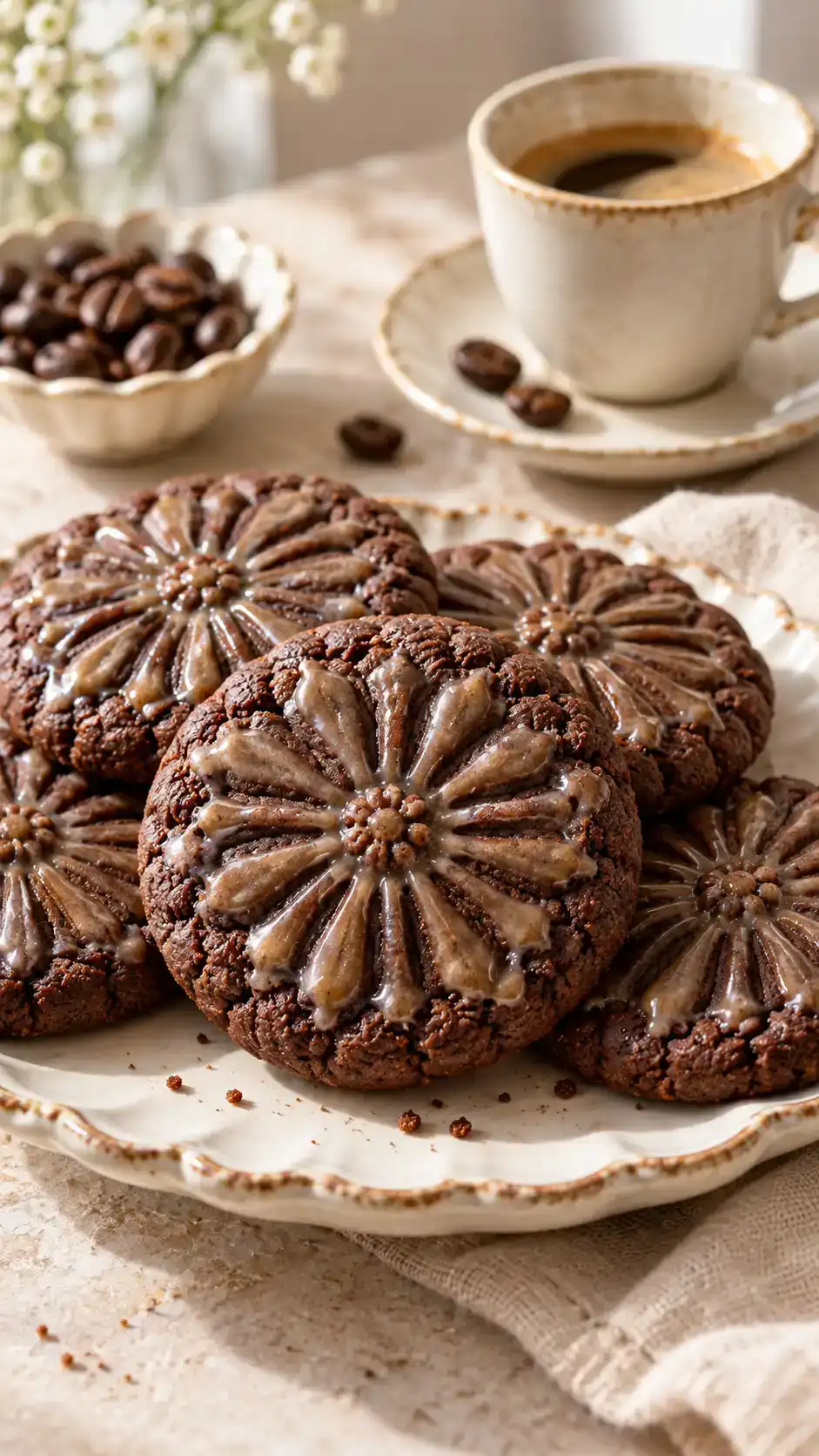 Dark chocolate-espresso sugar cookies with embossed patterns and a delicate coffee glaze that highlights the ridges.