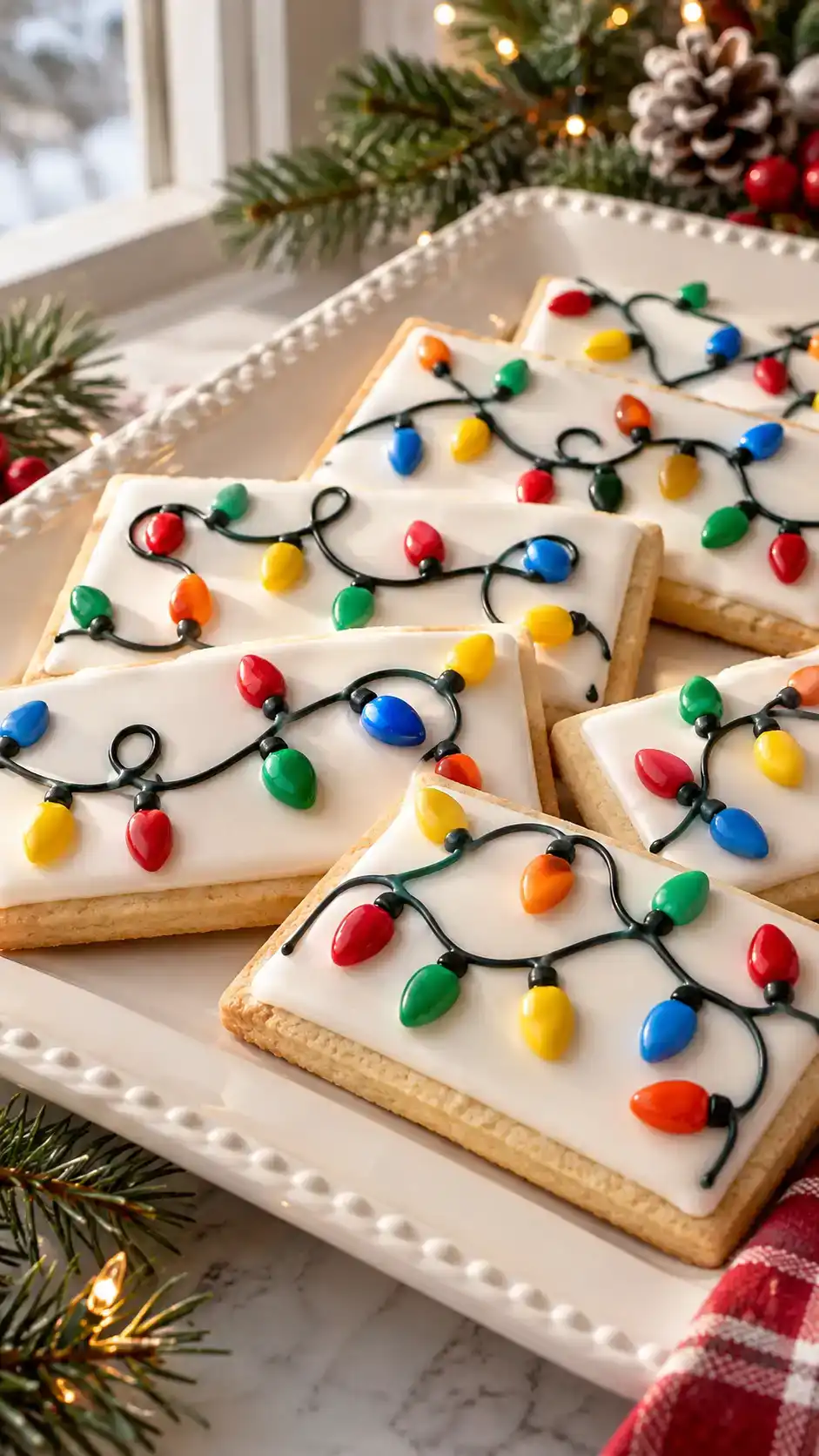 White-iced cookie rectangles with dark piped wires and colorful candy bulbs.