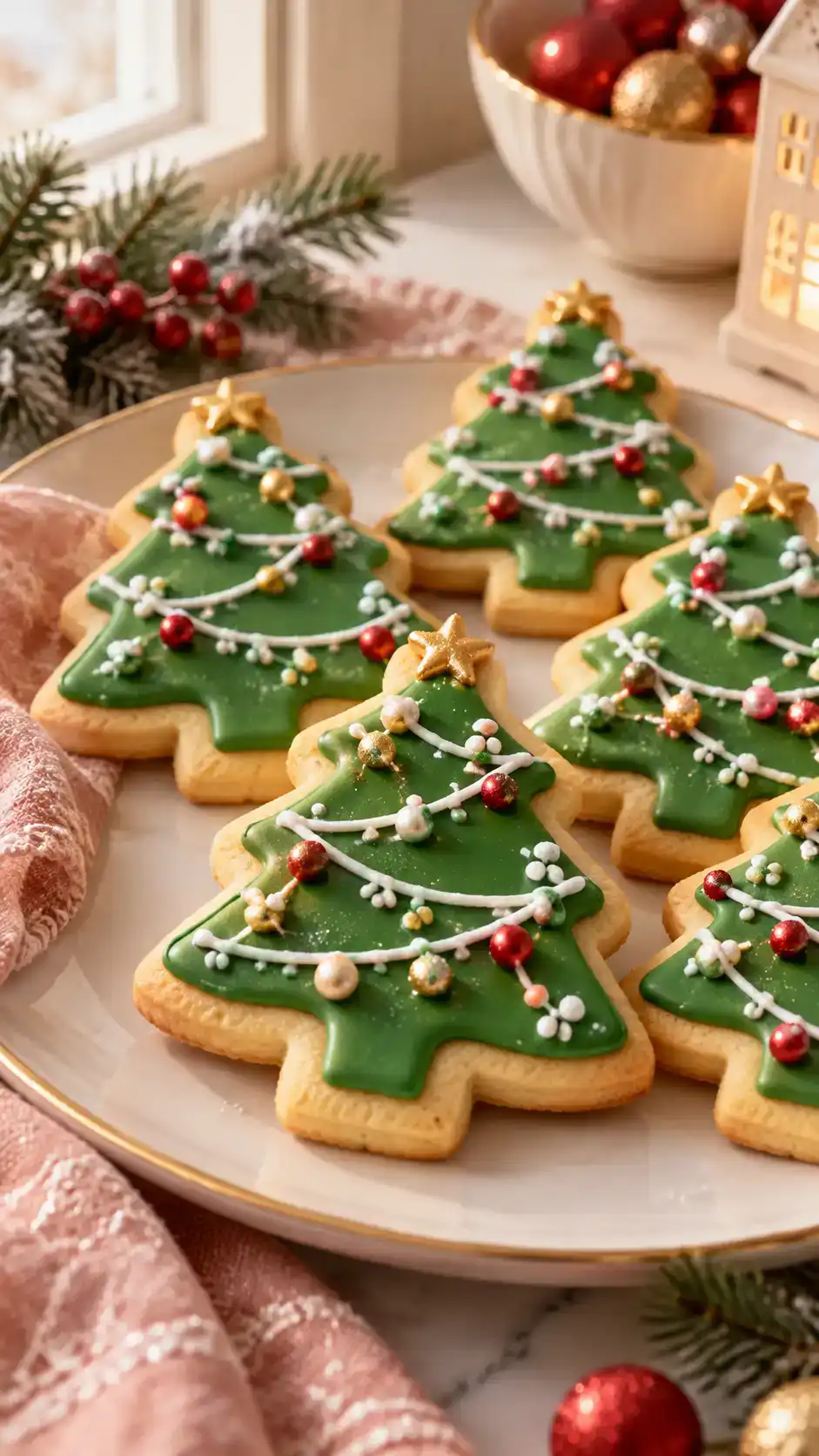 Green iced sugar-cookie trees with simple garlands and tiny candy ornaments.