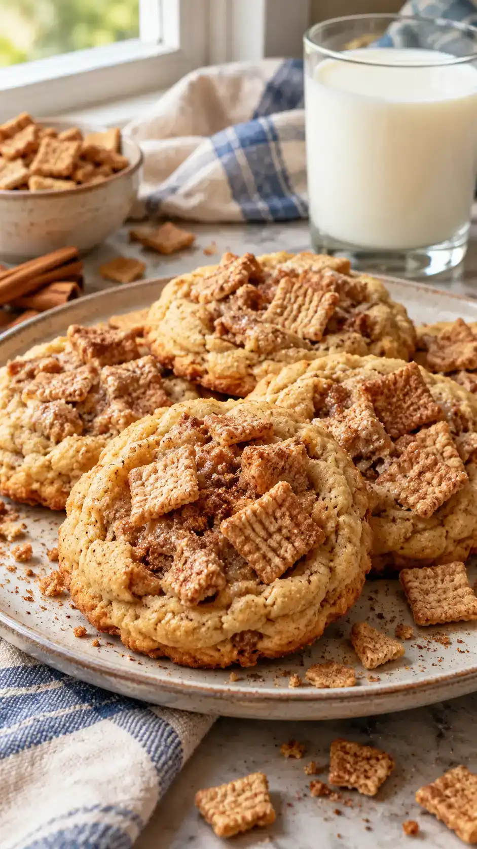 Chewy sugar cookies with cinnamon cereal crumbs in the dough and crunchy pieces on top.