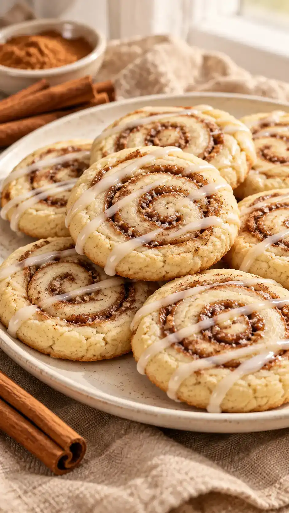 Little sugar-cookie spirals with a cinnamon-sugar filling and fine vanilla icing lines.