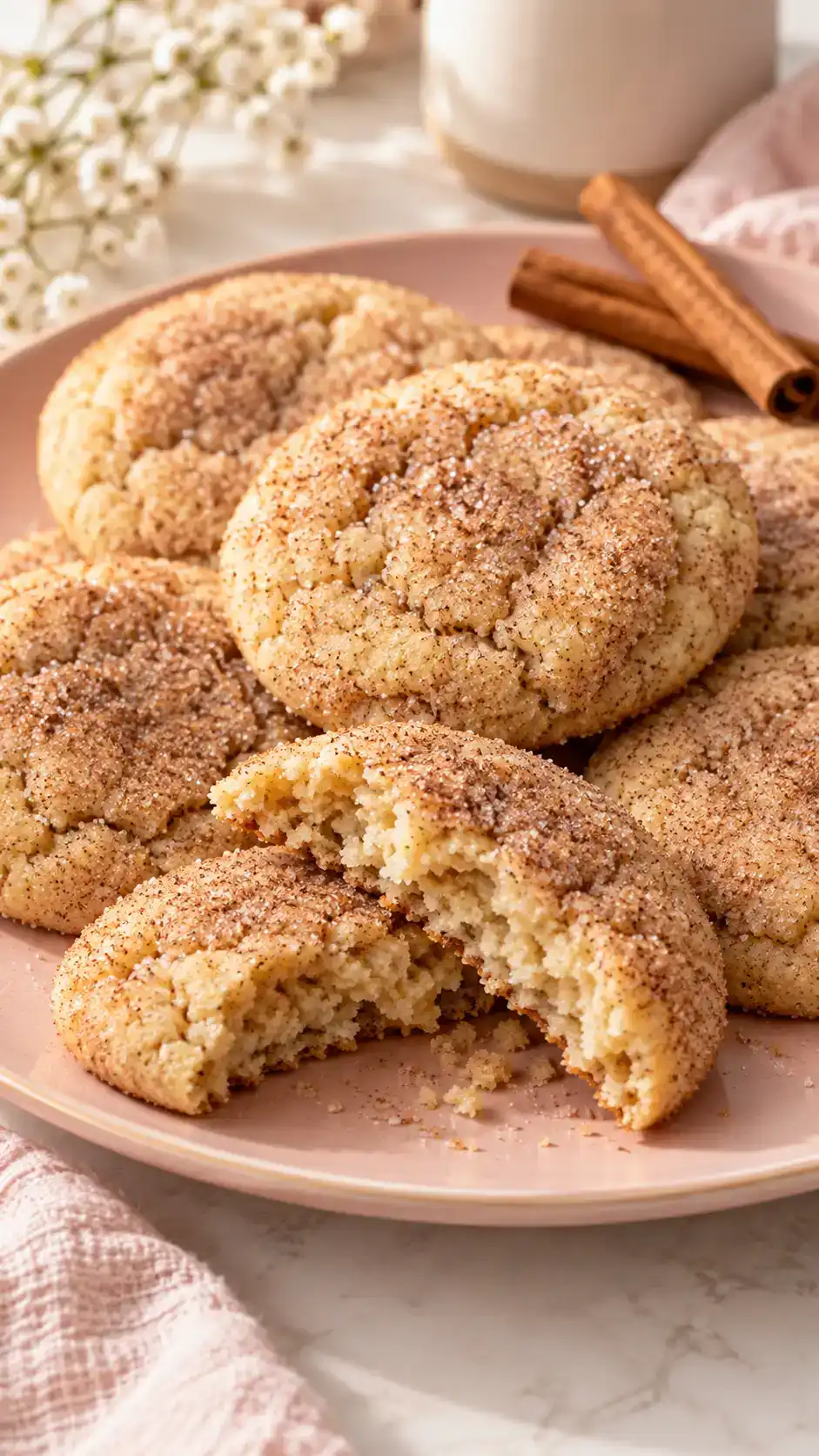 Soft cinnamon-sugar cookies with crinkled tops and a gentle snickerdoodle-style tang from cream of tartar.