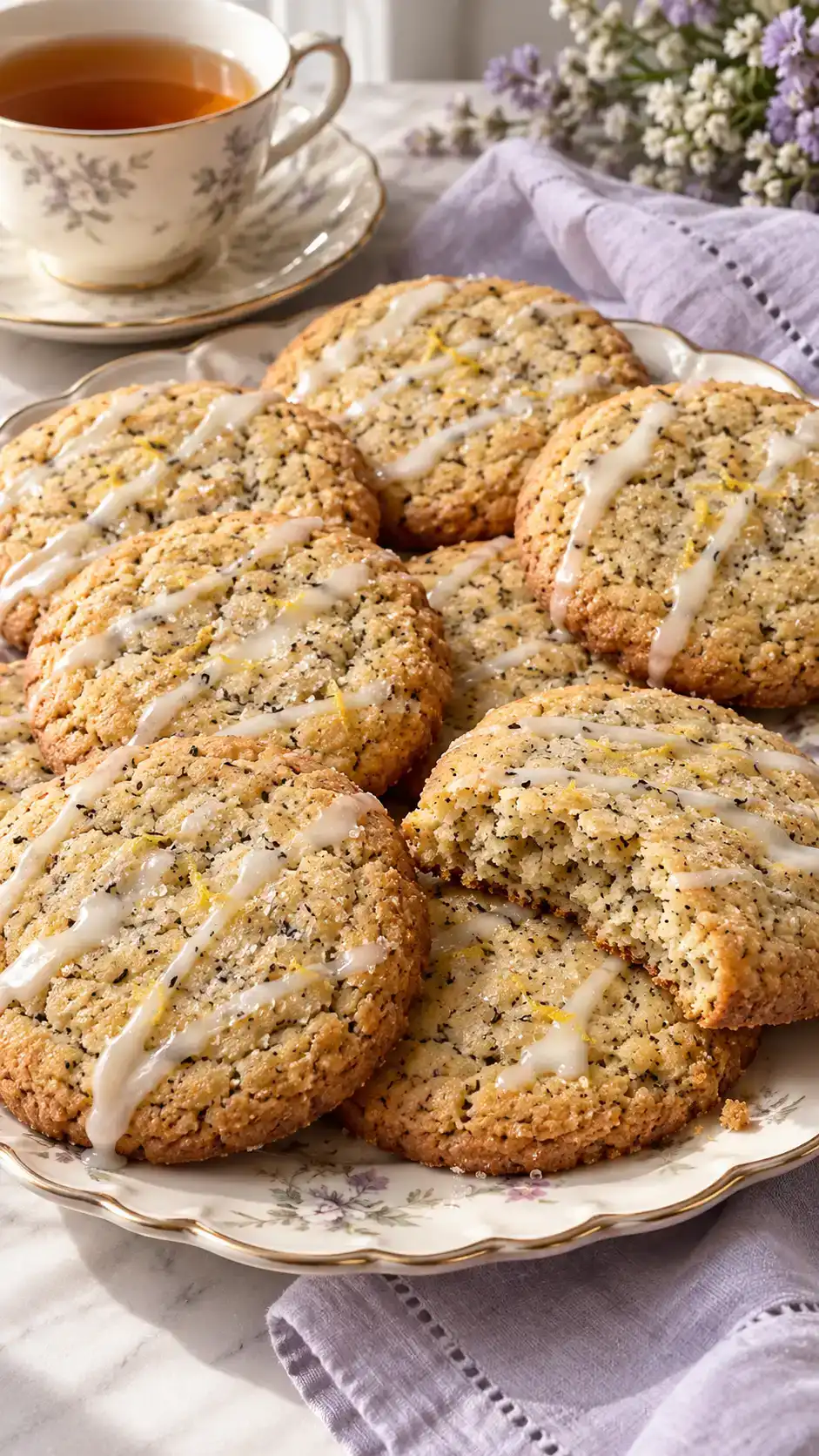 Large Earl Grey sugar cookies with fine tea flecks, chewy centers and a light lemon drizzle.