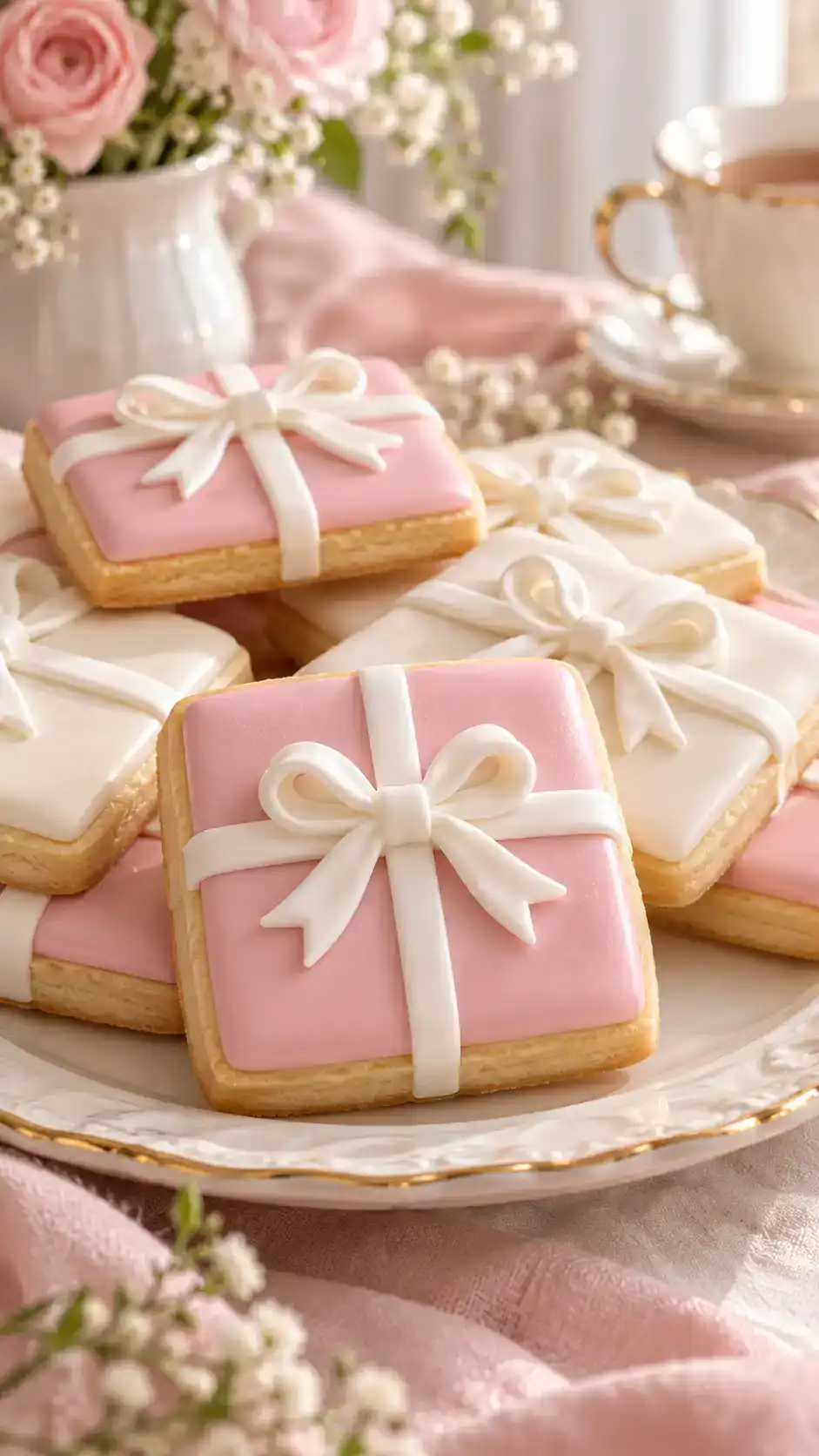 Square sugar-cookie presents with smooth pastel icing and raised ribbon bows.