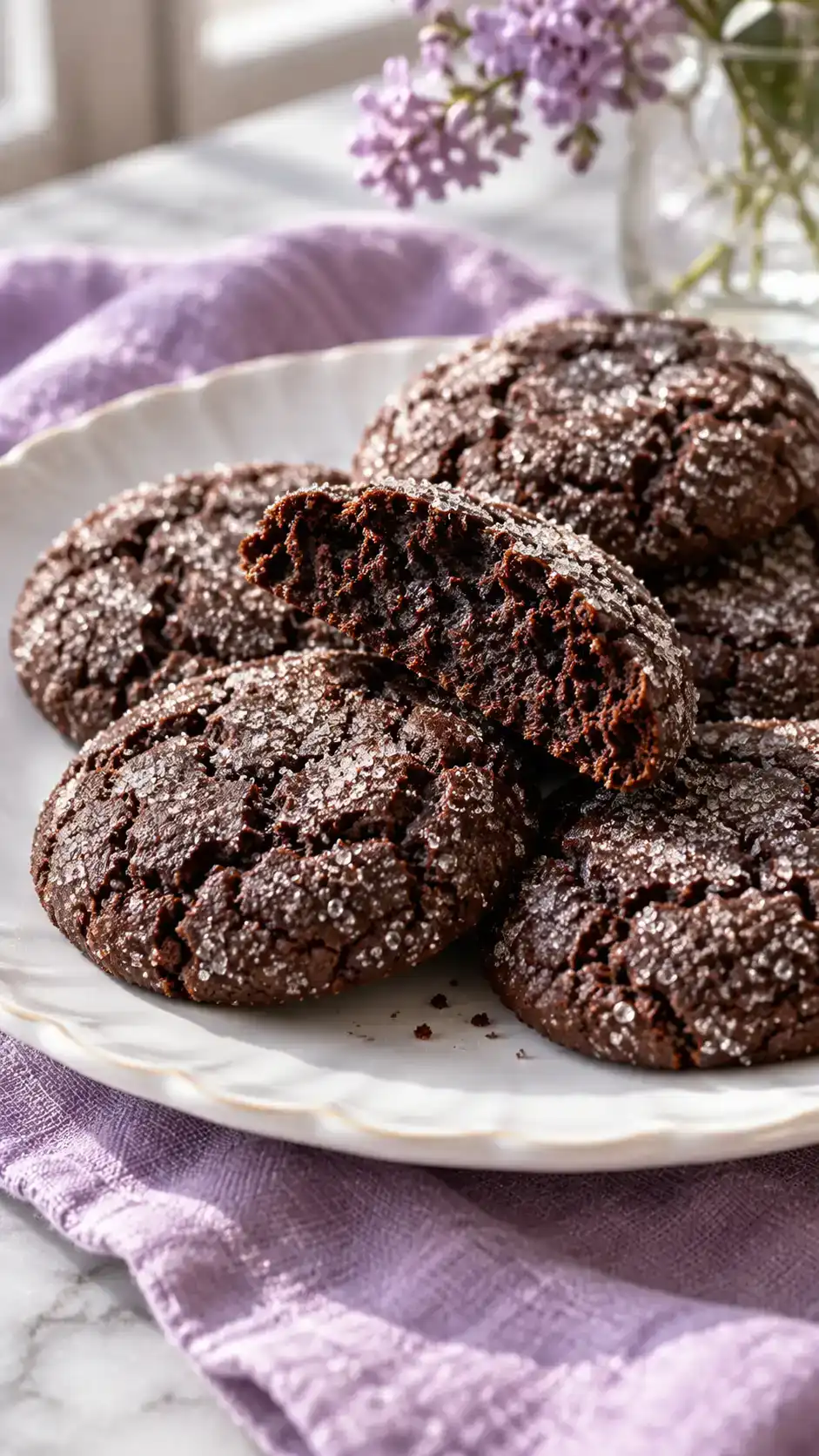 Soft gluten-free cocoa sugar cookies with dark chewy centers and a sparkling sugar crust.