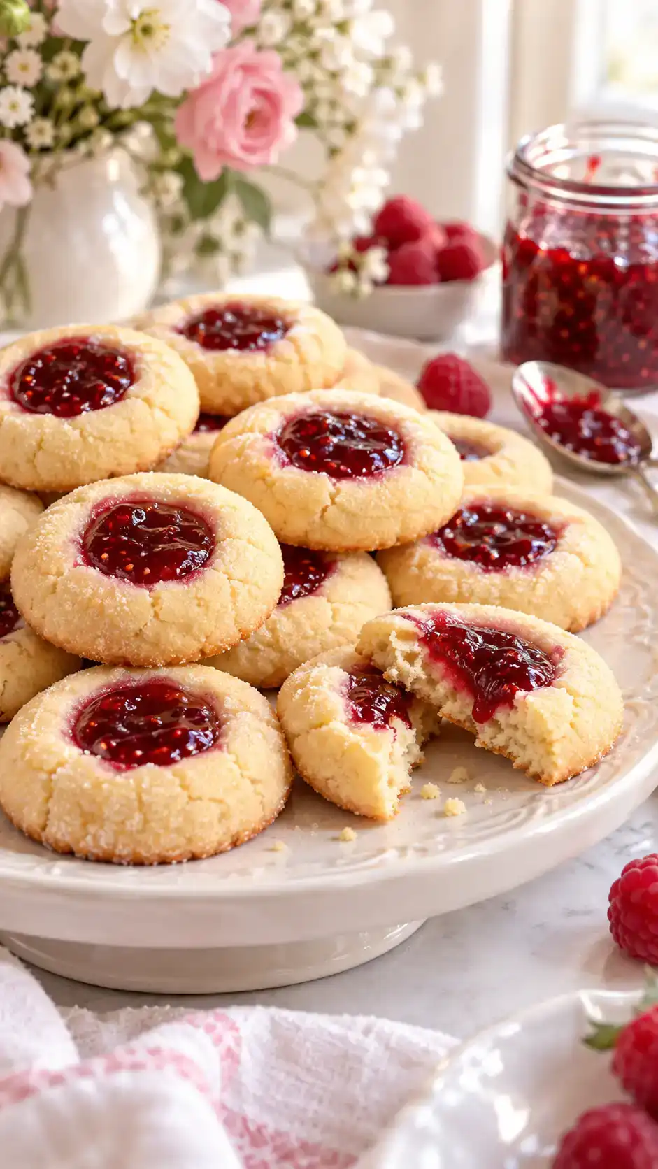 Buttery sugar-cookie thumbprints with glossy raspberry-jam centers and a tender shortbread-style crumb.