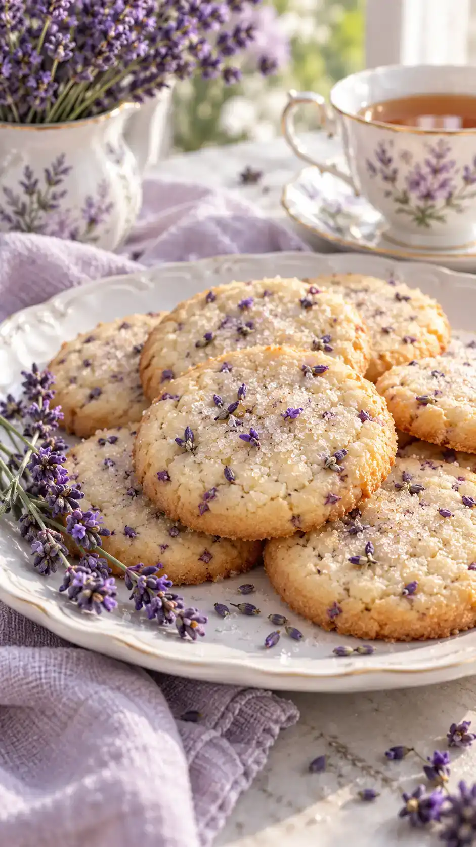 Tender lavender sugar cookies with tiny floral flecks and lightly golden edges.