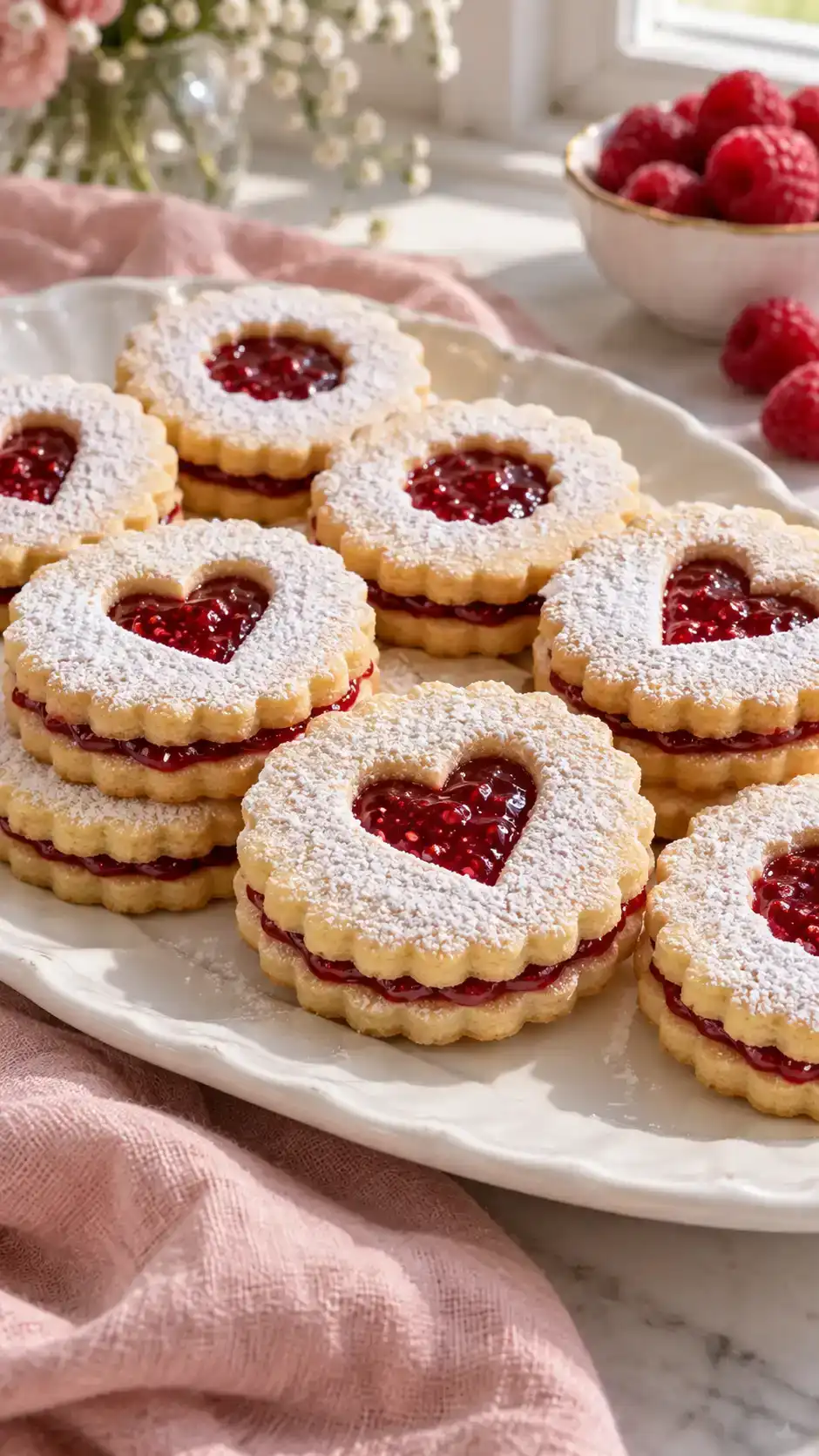 Almond-spiced sugar-cookie sandwiches with raspberry-jam windows and a fine snowy sugar dusting.