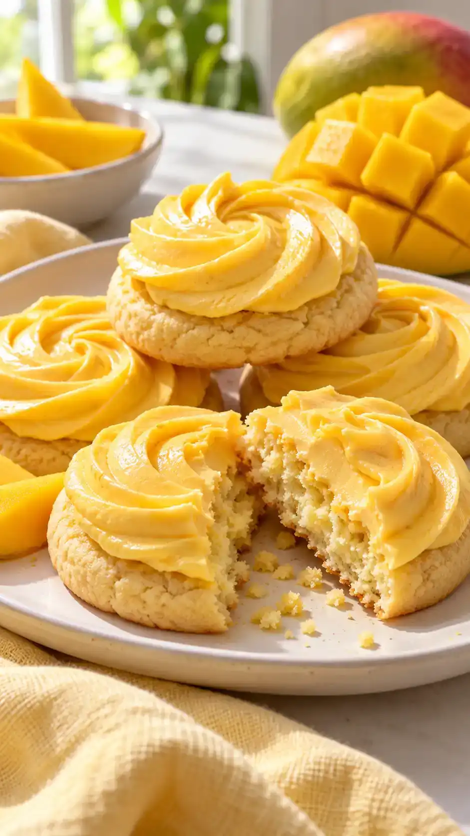 Thick gluten-free sugar cookies with a sunny mango buttercream made from real fruit puree.