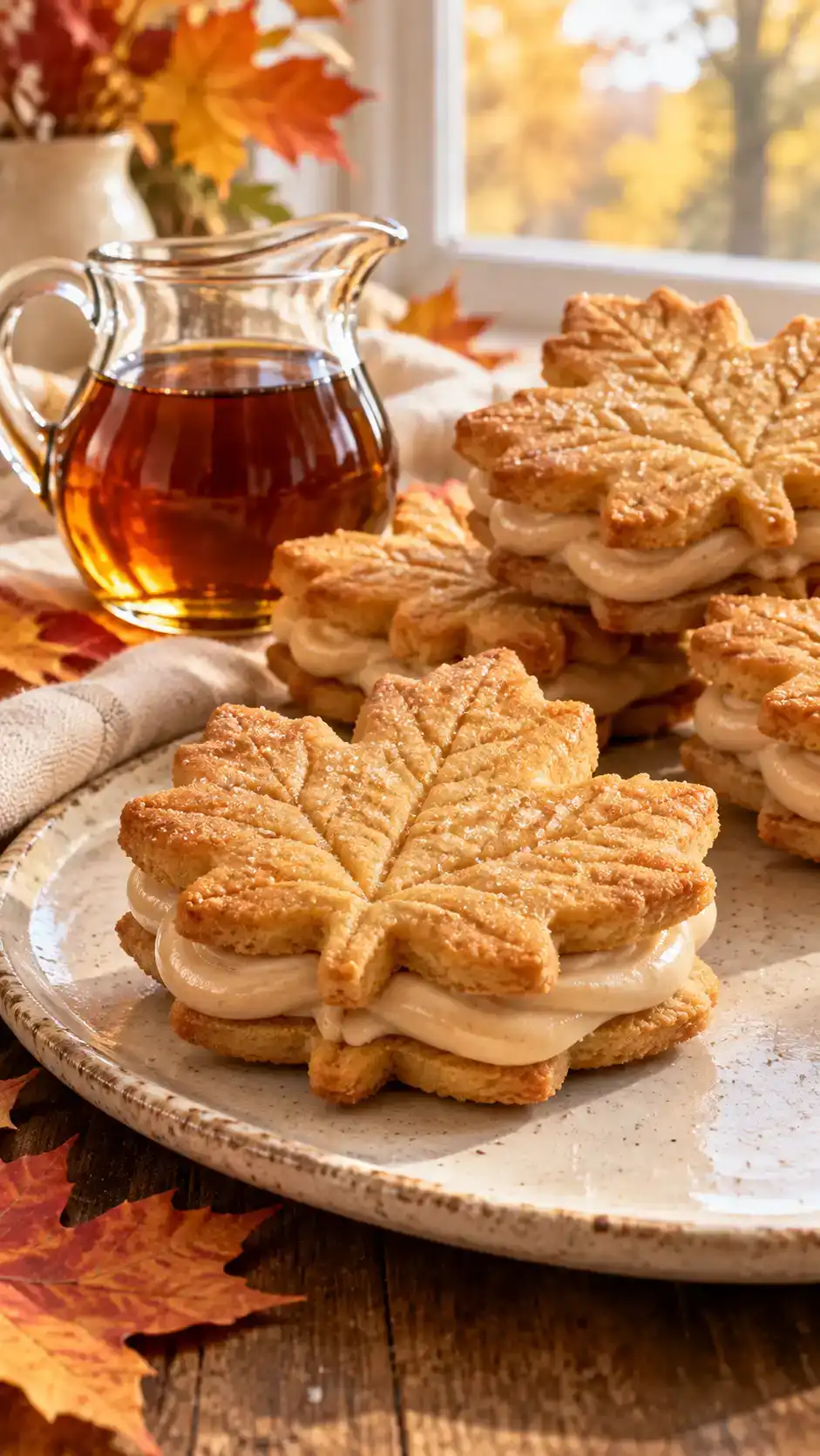 Crisp maple-leaf sugar cookies paired around a smooth maple buttercream filling.