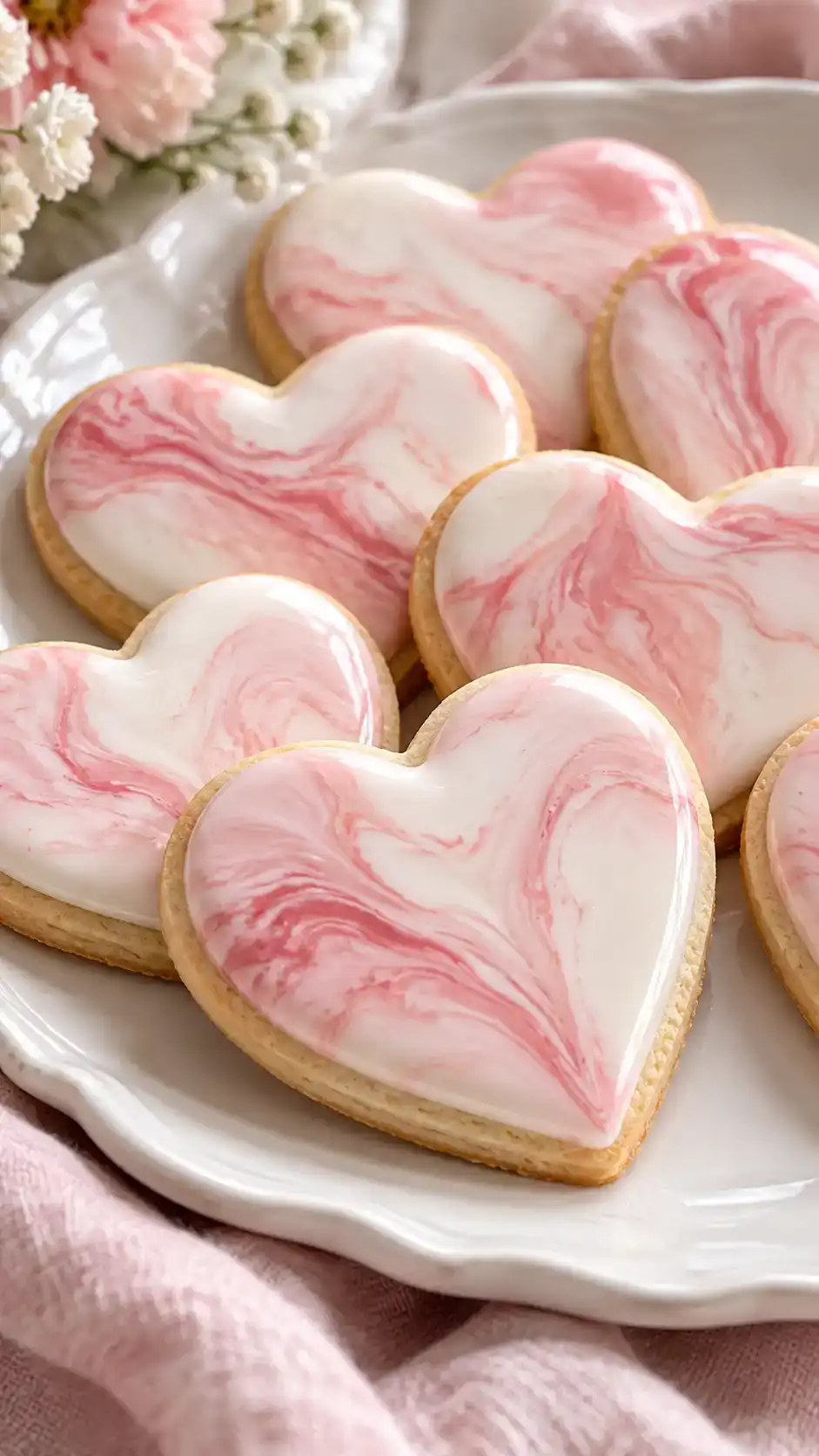 Soft heart-shaped sugar cookies with a delicate pink-and-white marbled icing surface.