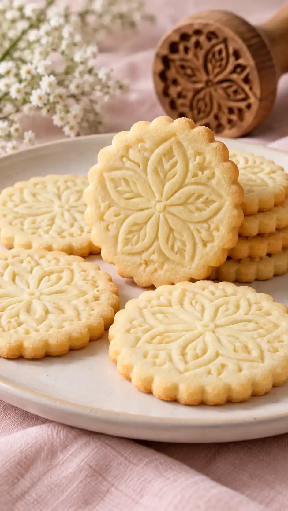 Crisp butter-rich sugar cookies with clean outlines and delicate stamped details, made without chemical leaveners.