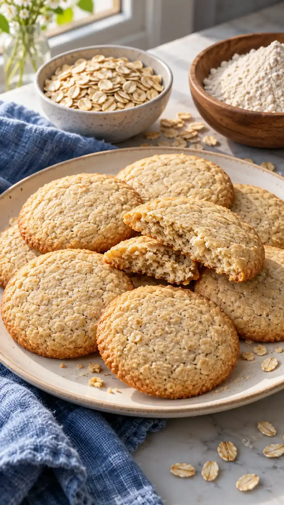Oat-flour sugar cookies with softly golden edges, a delicate oat crumb and tidy round shapes.