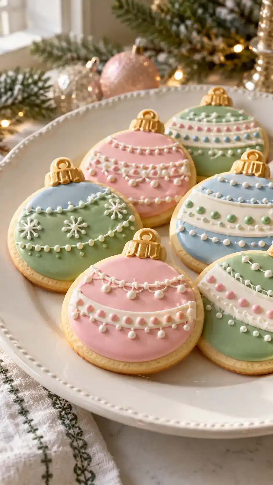 Round vanilla cookie baubles with colorful icing bands and a little edible cap.