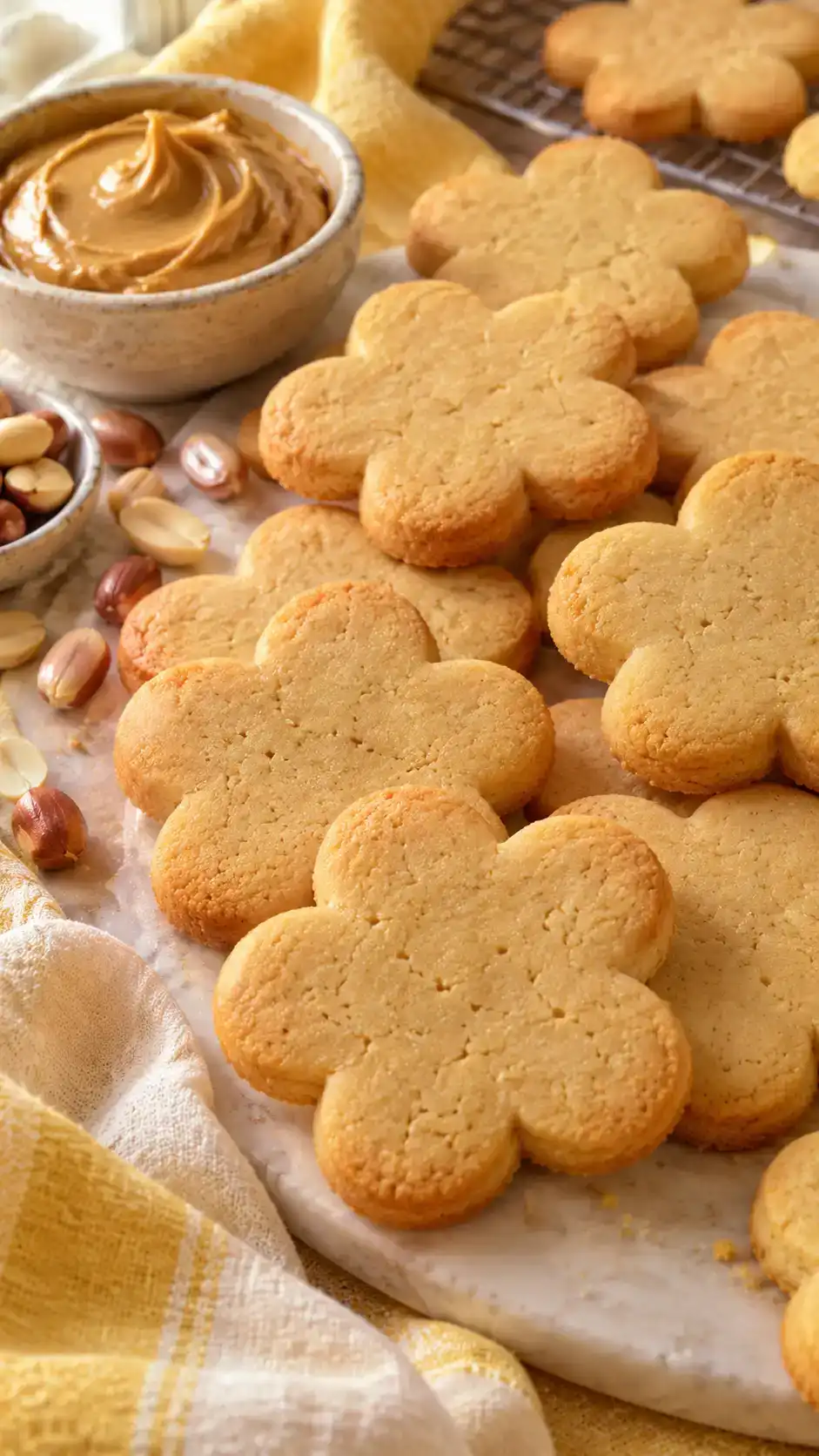 Buttery peanut-butter sugar-cookie cut-outs with a smooth pale-golden surface and crisp, neat flower-shaped edges.
