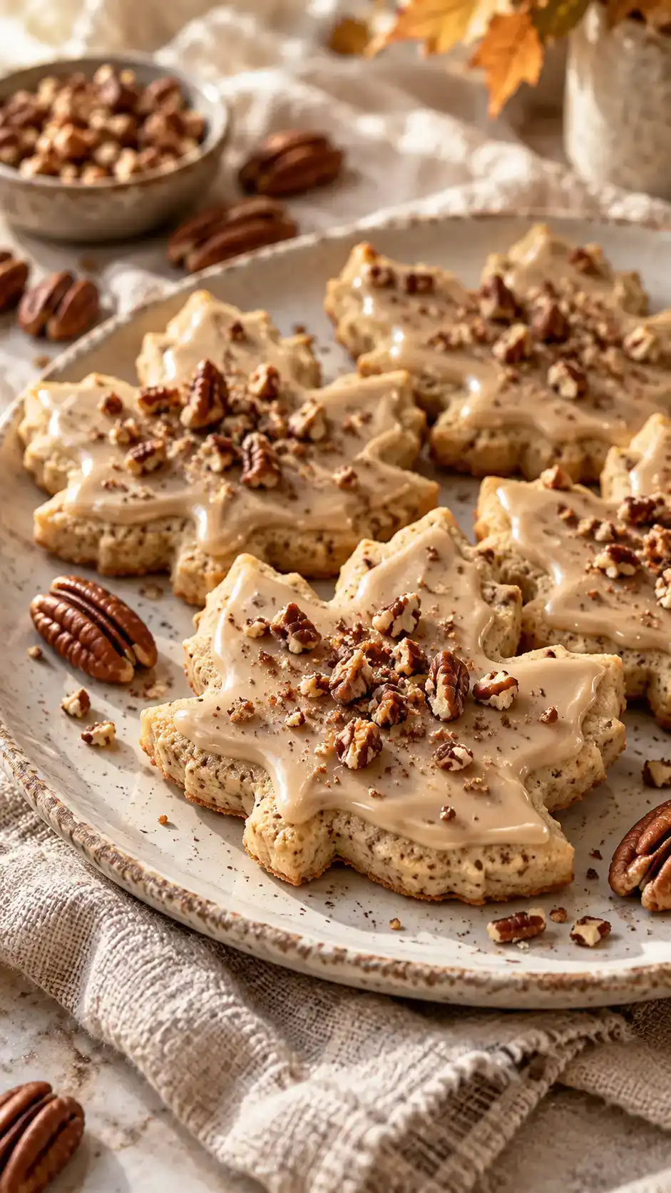 Brown-sugar pecan cut-out cookies with toasted nut flecks, creamy brown-butter icing and a crunchy pecan garnish.