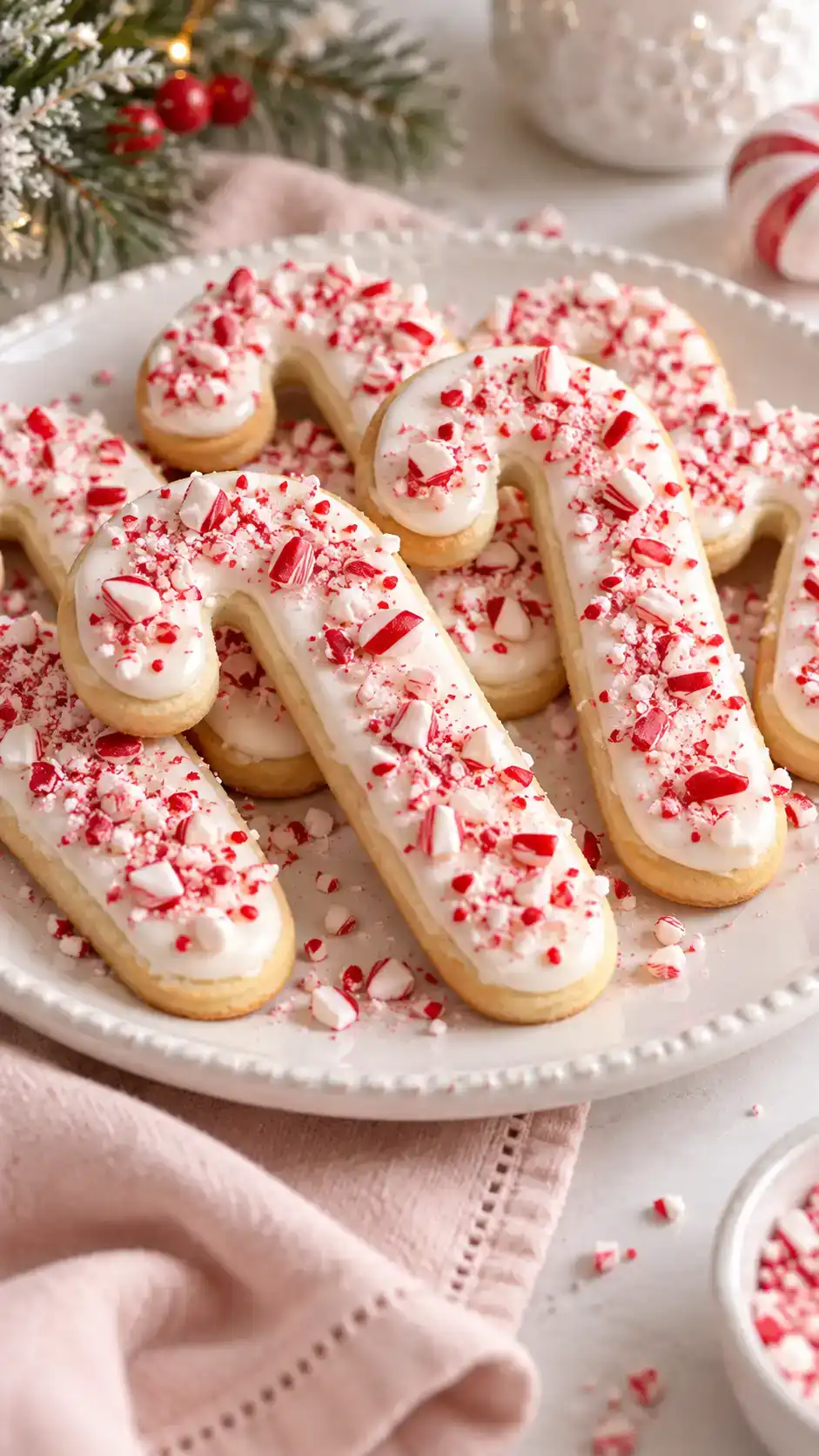 Vanilla-peppermint sugar-cookie candy canes with a thin white glaze and bright crushed-candy topping.
