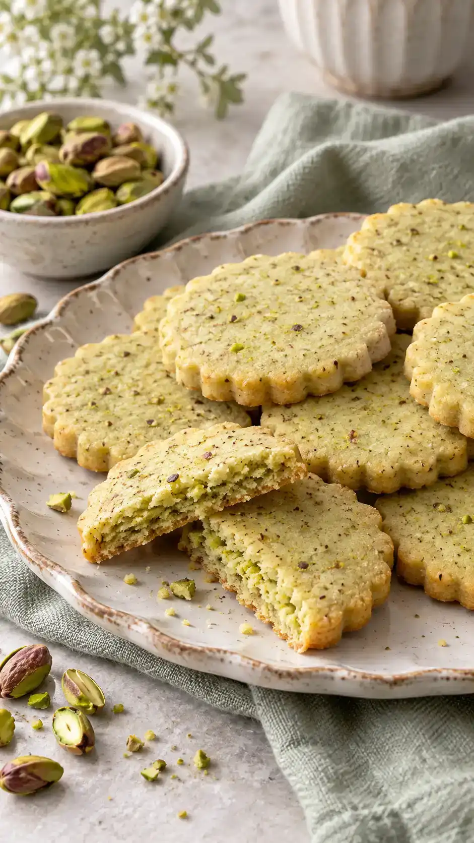 Tender pistachio sugar-cookie rounds with a natural muted green crumb, fine nut flecks and neat scalloped edges.