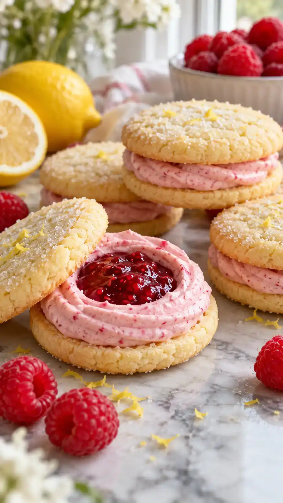 Lemon-zest cookie sandwiches with tangy raspberry buttercream and a thin raspberry-jam center.