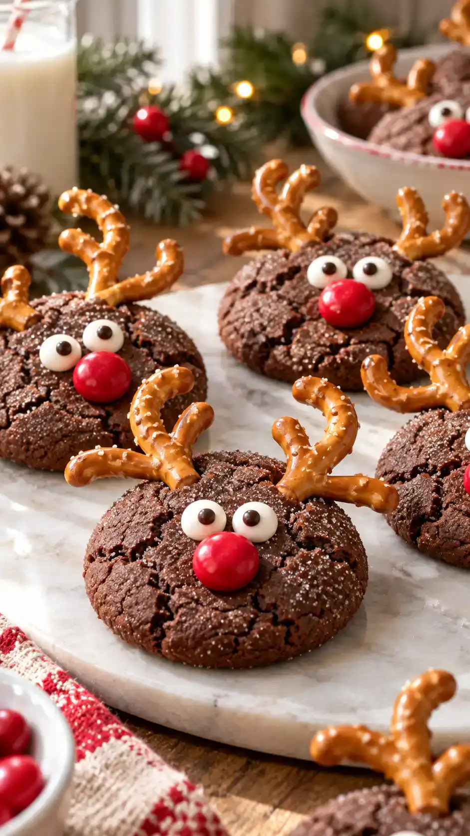 Cocoa sugar-cookie faces with pretzel antlers, white eyes and bright red candy noses.
