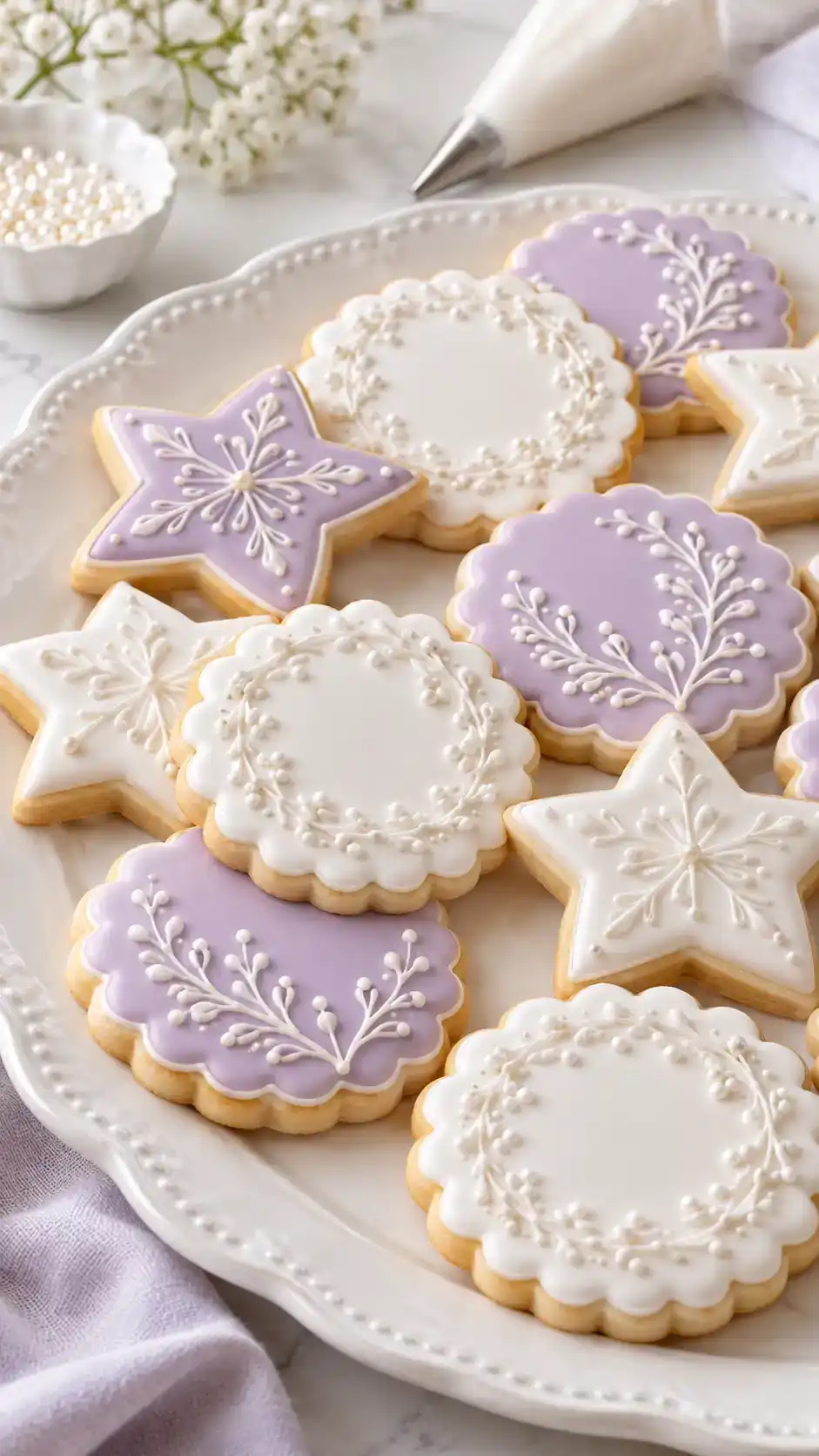 Vanilla cut-out sugar cookies with a smooth royal-icing finish and fine piped details for gifting and decorating.