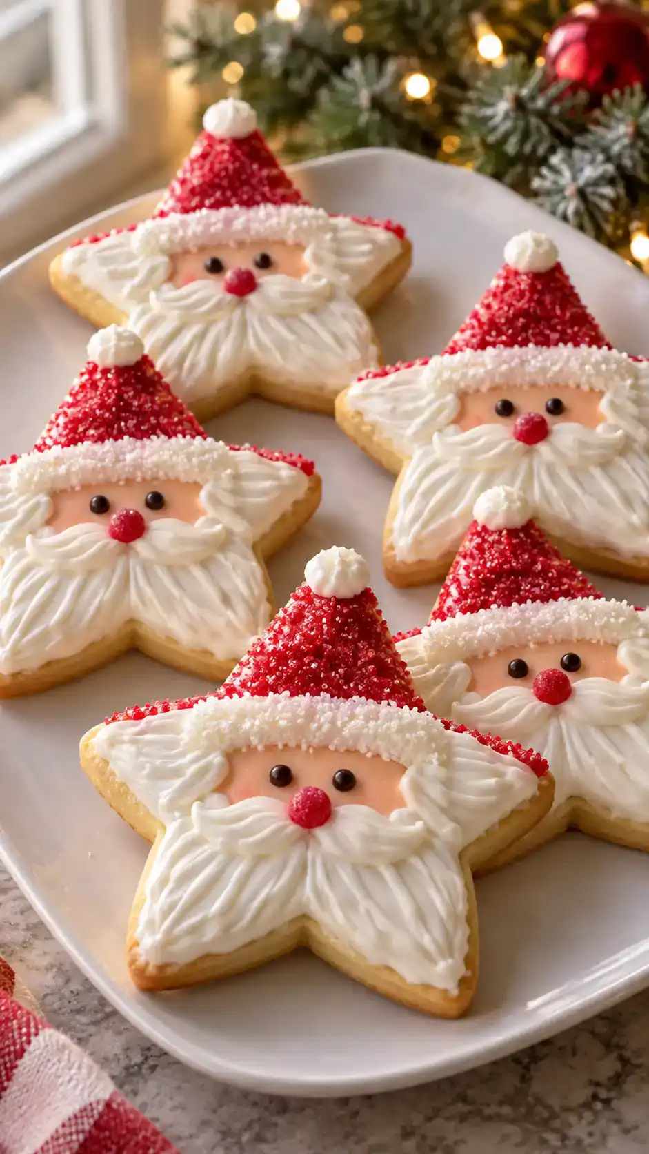 Star-shaped sugar cookies decorated as little Santas with red hats and white beards.
