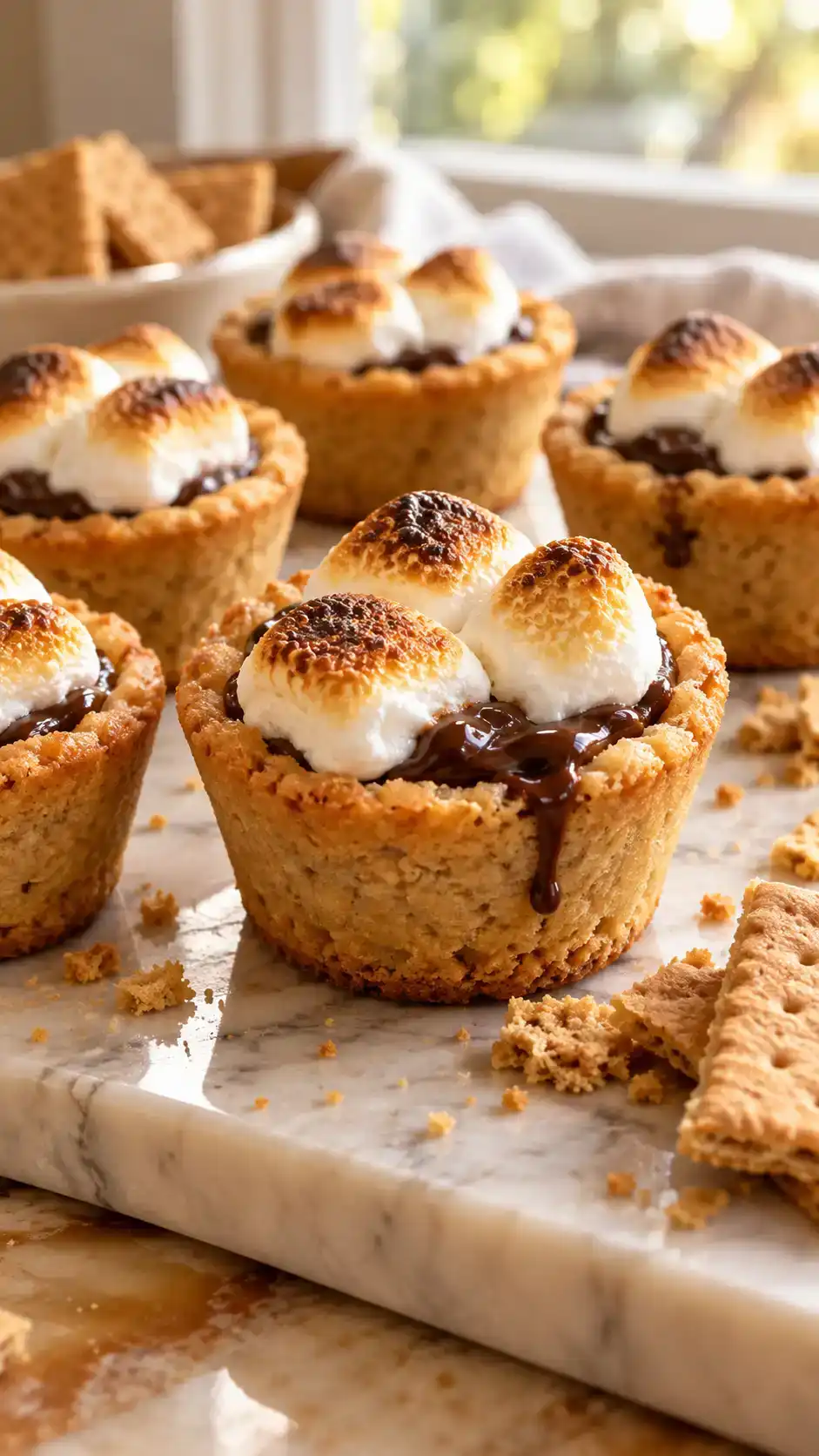 Golden sugar-cookie cups filled with chocolate and topped with a toasted marshmallow.