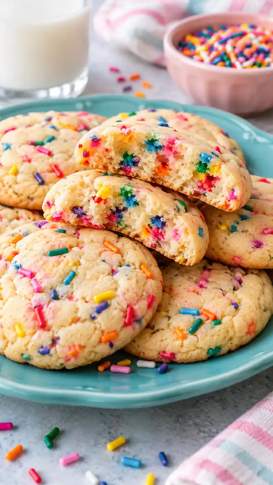 Chewy vanilla sugar cookies with colorful rainbow sprinkles mixed throughout the dough, not just scattered on top.