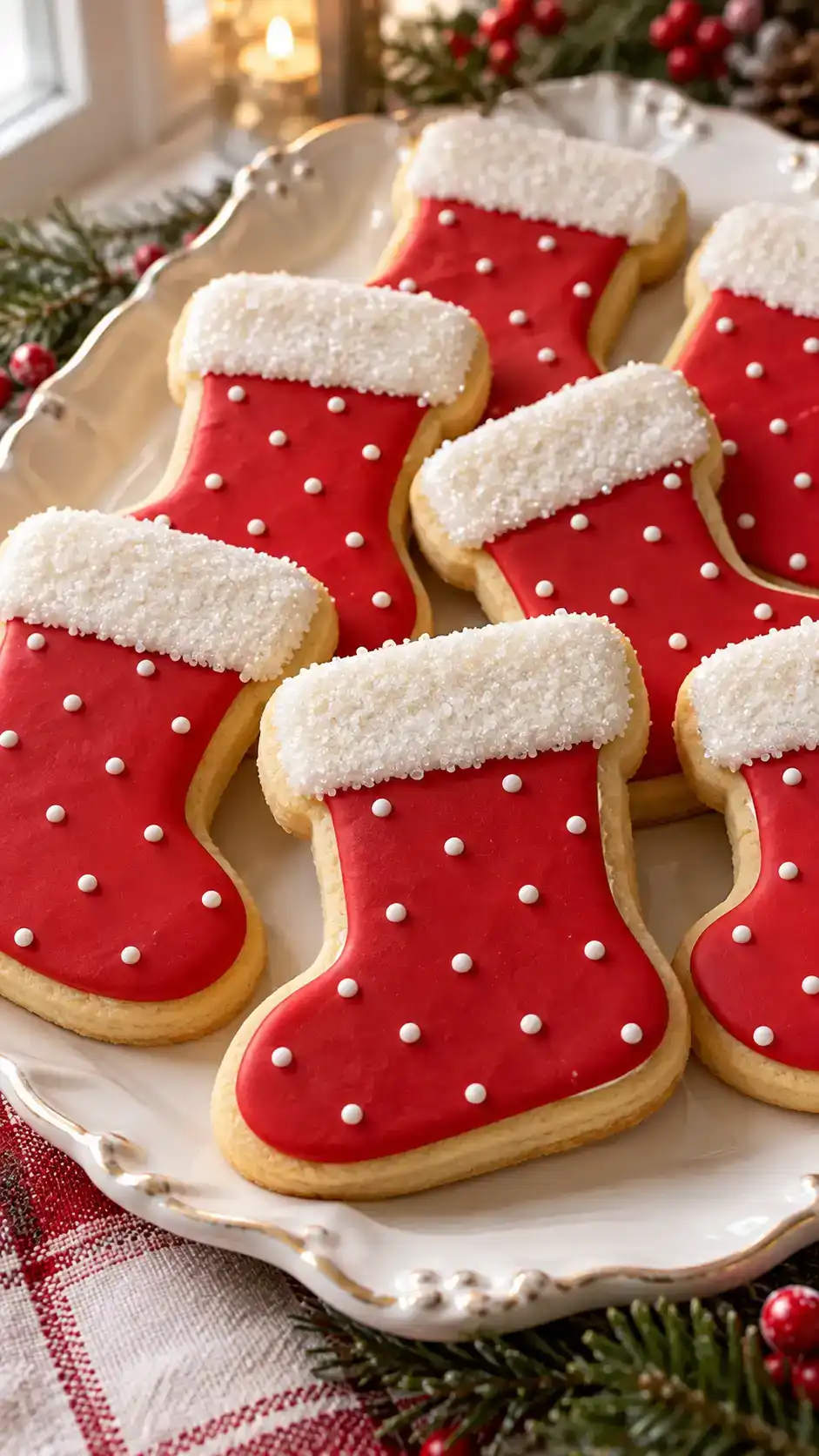 Crisp stocking-shaped sugar cookies with red icing, snowy cuffs and a few festive dots.