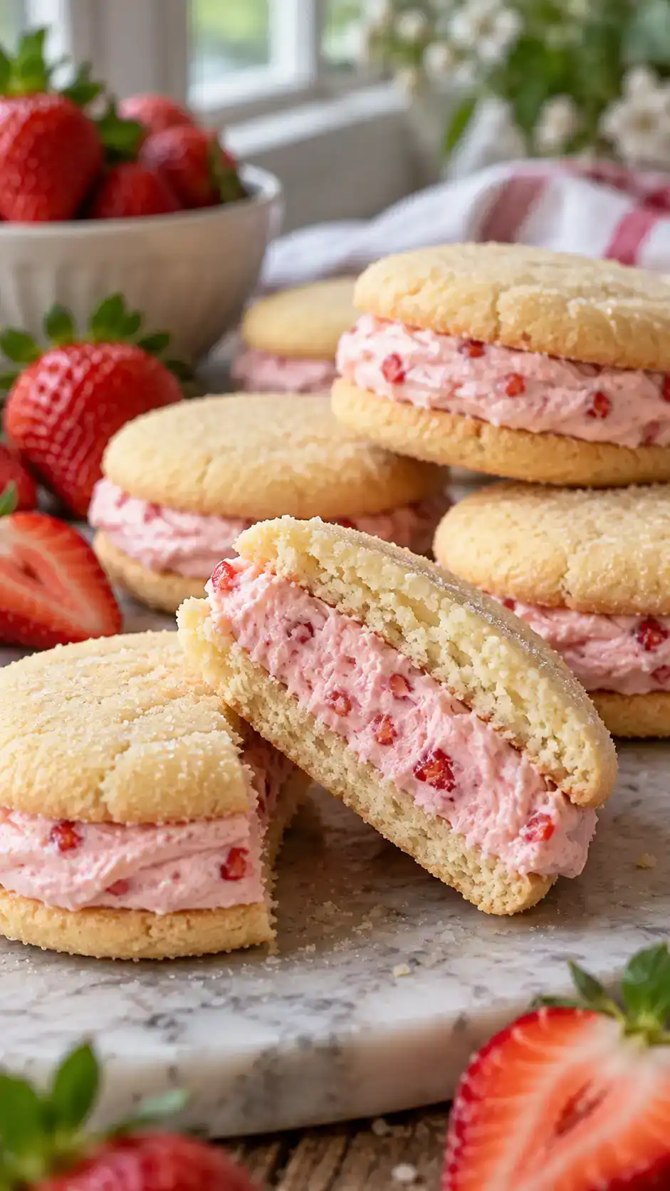 Vanilla sugar-cookie sandwiches with a pink strawberry cream-cheese filling.