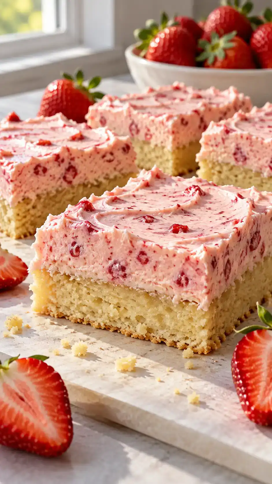 Vanilla sugar-cookie bars with naturally pink strawberry buttercream.