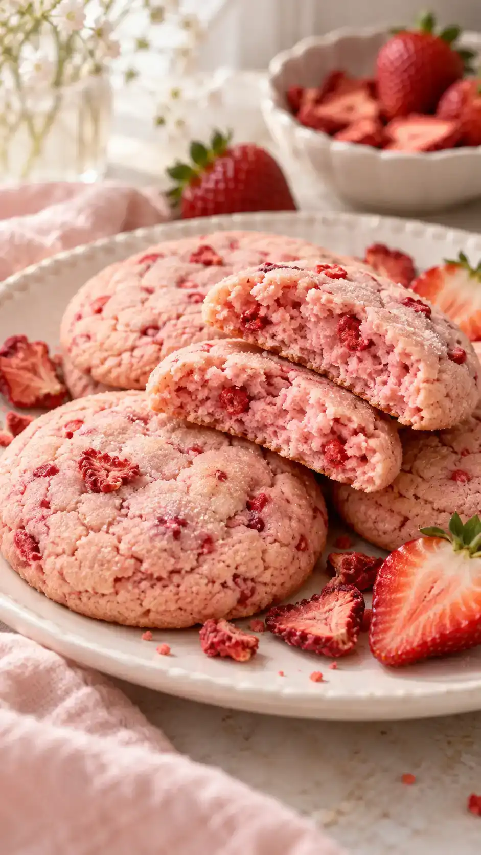 Soft strawberry sugar cookies flavored with real freeze-dried berries, with a rosy sugar crust and tender center.