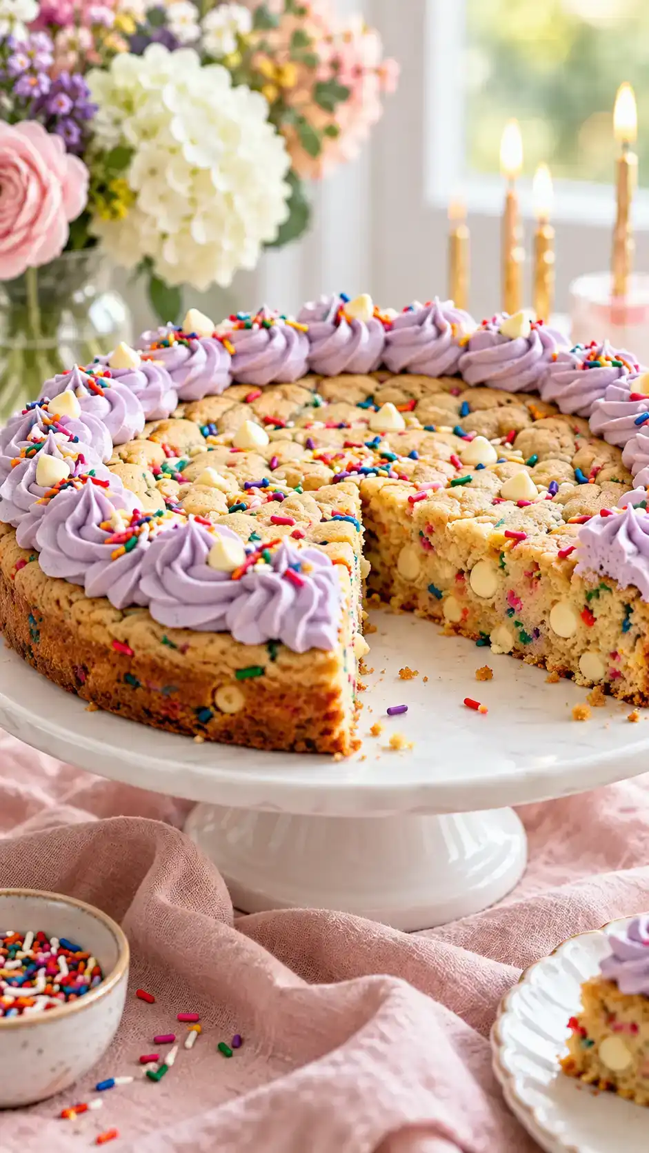 A soft 9-inch sugar-cookie cake with rainbow sprinkles, white chocolate chips and a buttercream border.