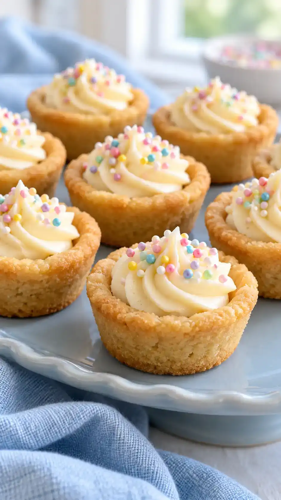 Mini sugar-cookie cups with sturdy golden rims and small swirls of vanilla frosting.