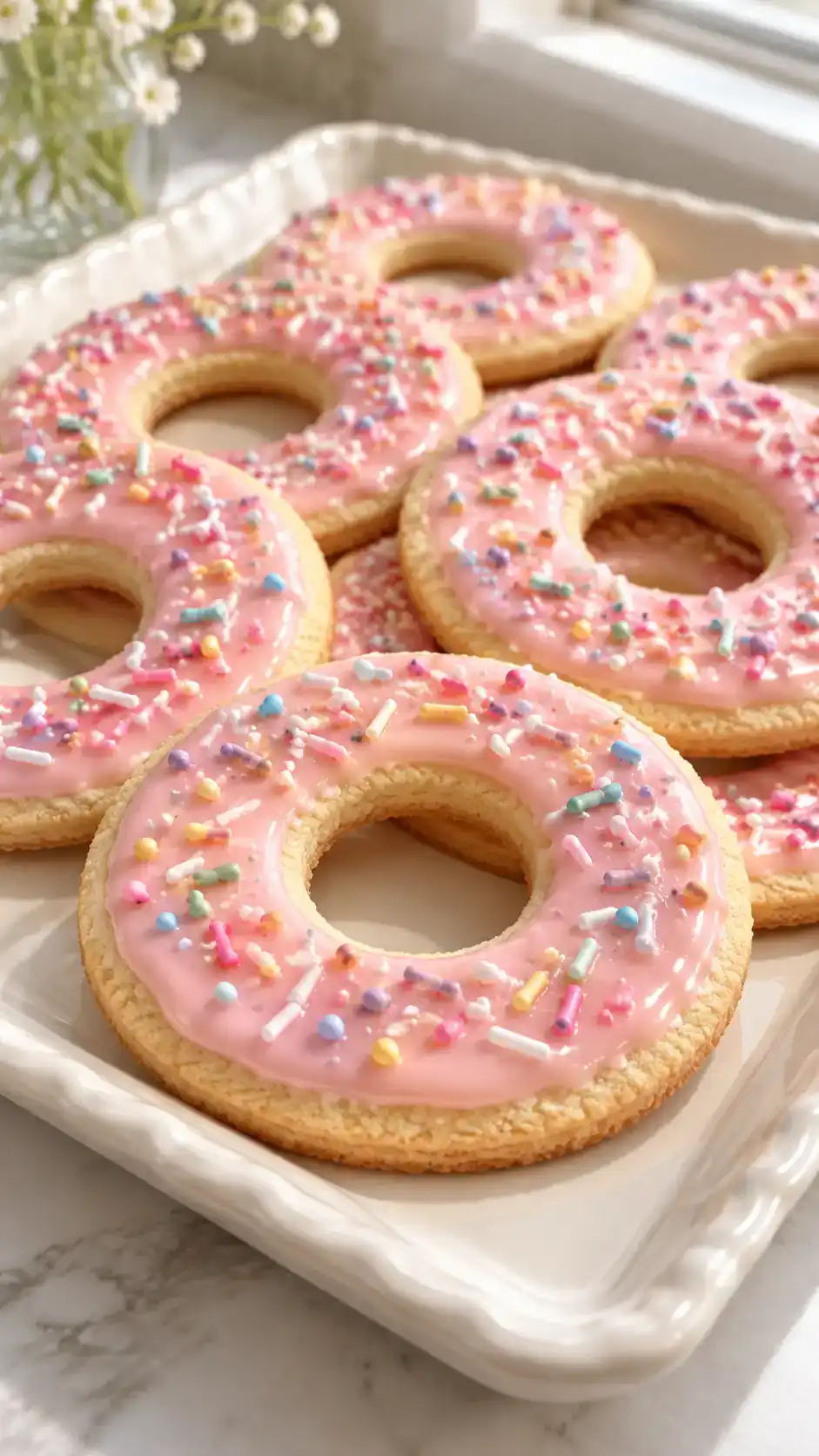 Baked sugar-cookie rings with a thin pastel glaze and colorful sprinkles.