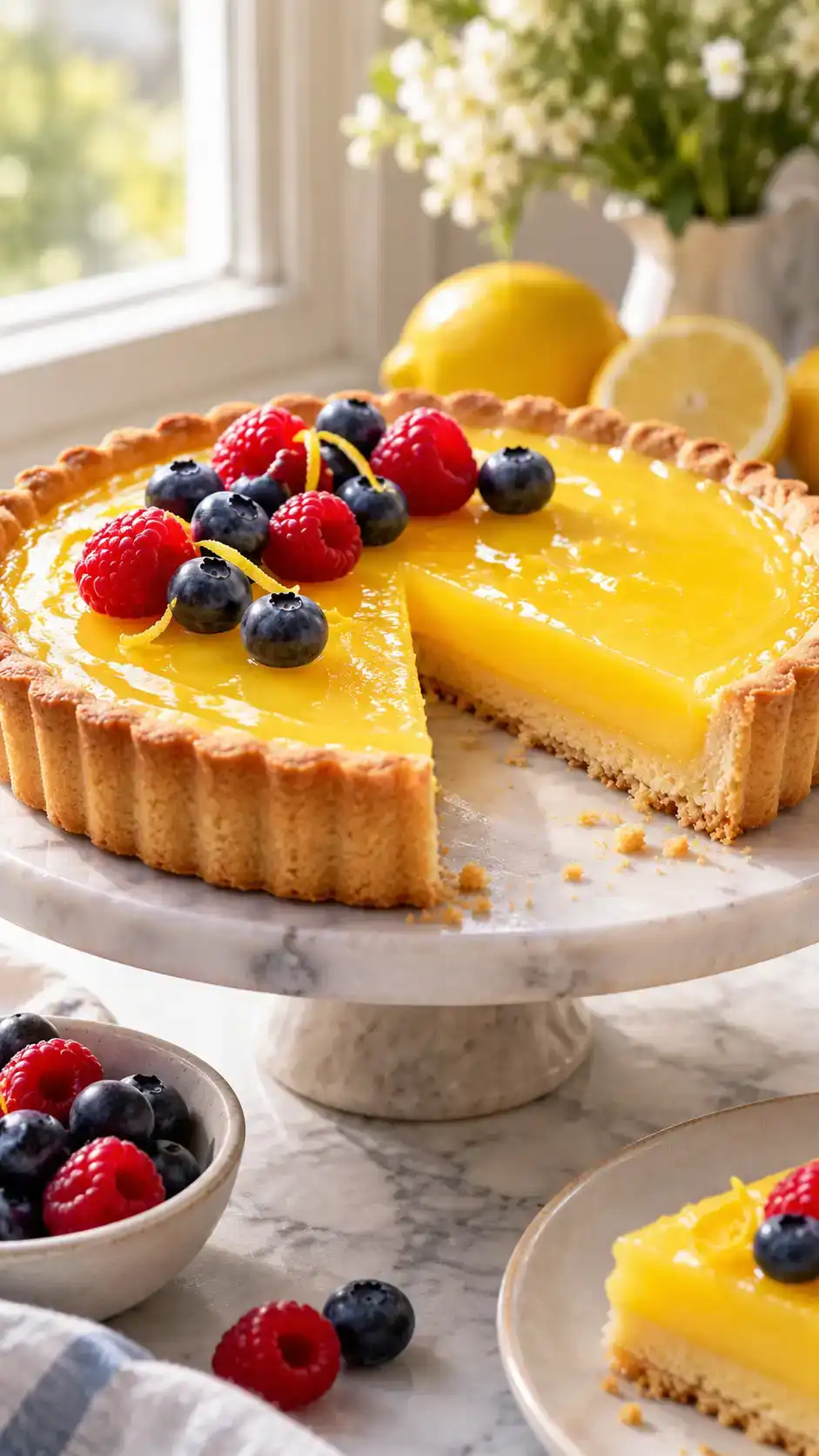 A tender fluted sugar-cookie base topped with lemon curd and a few fresh berries.