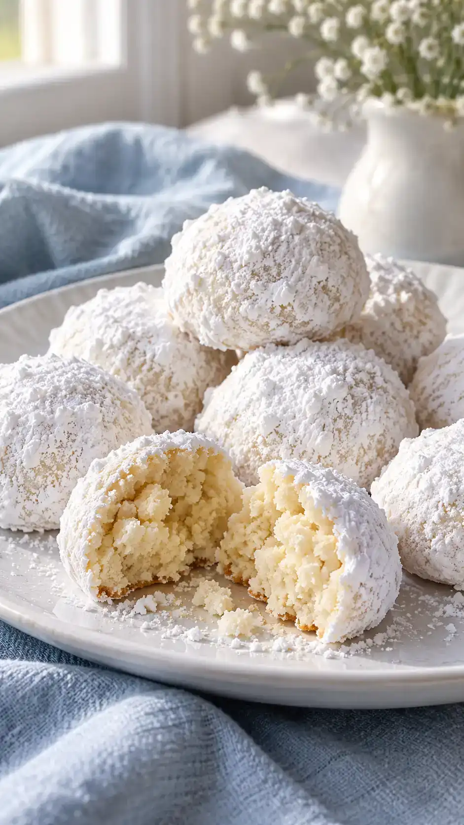 Small eggless sugar-cookie rounds with a fine double coating of confectioners’ sugar.