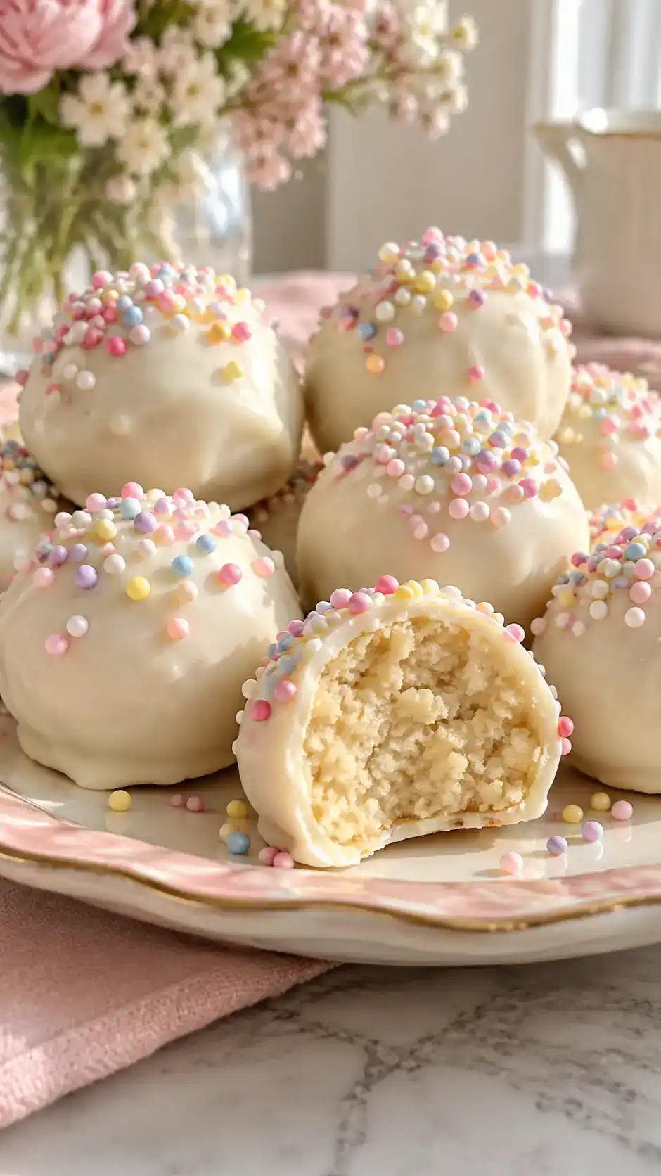 Bite-size sugar-cookie truffles with a creamy crumb center and a crisp white-chocolate shell.