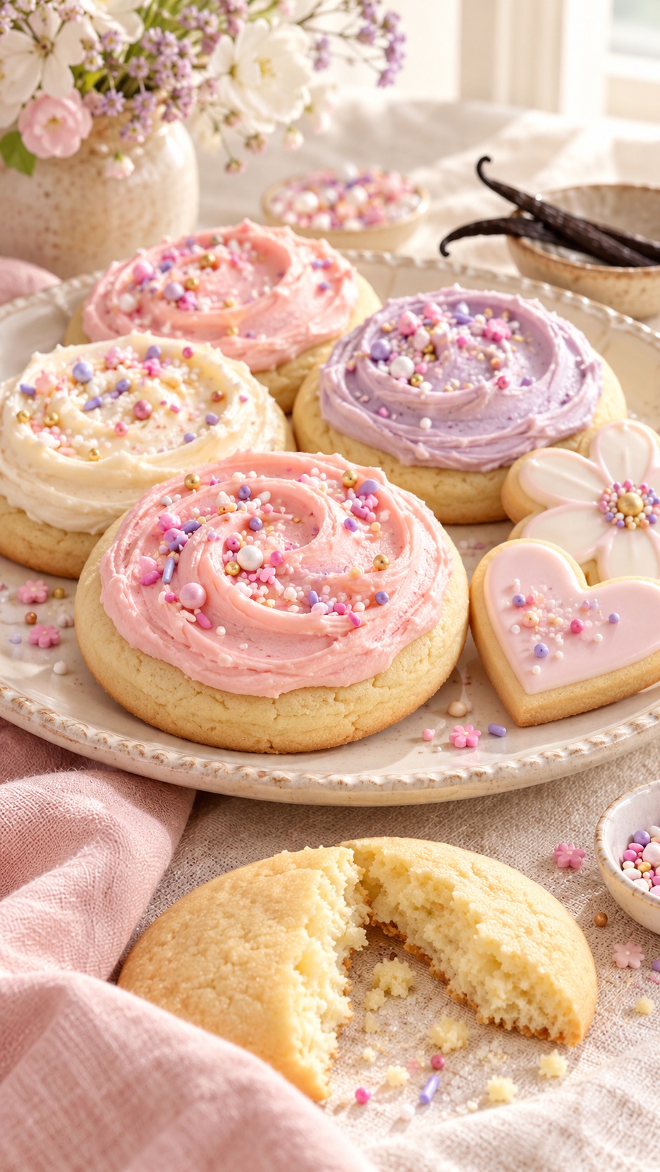 Vanilla sugar cookies with pink, ivory and lavender frosting and pastel sprinkles
