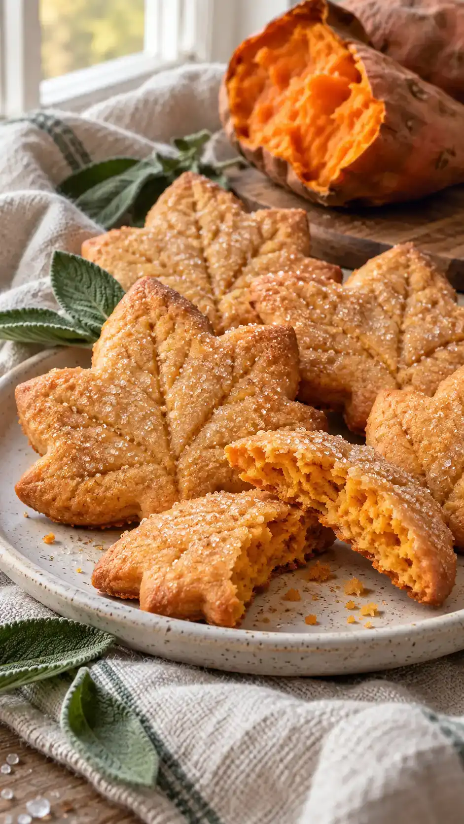 Vegan sweet-potato sugar-cookie cut-outs with a soft golden-orange crumb and sparkling edges.
