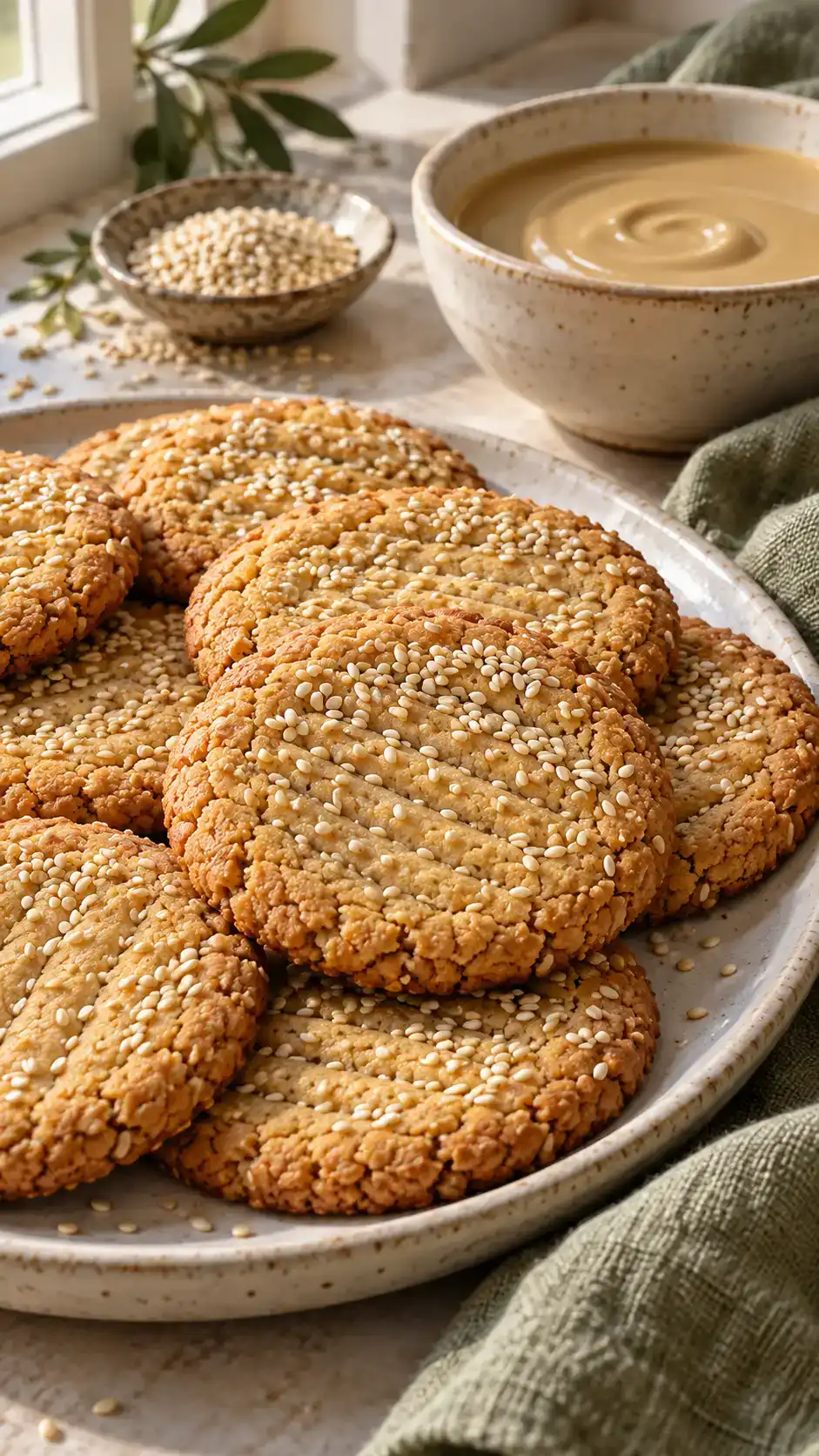 Tender tahini sugar cookies with nutty sesame flavor, softly golden rims and a delicate sesame-seed topping.