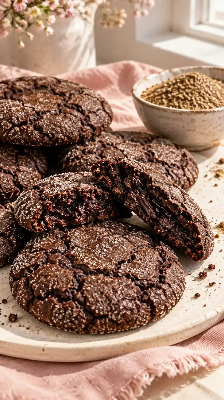 Rich vegan cocoa sugar cookies with soft centers and fine sugar-coated edges.