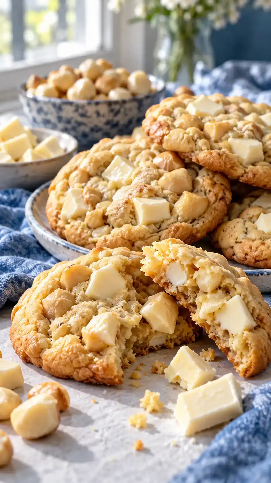 Vanilla sugar cookies loaded with creamy white chocolate and crunchy macadamias.