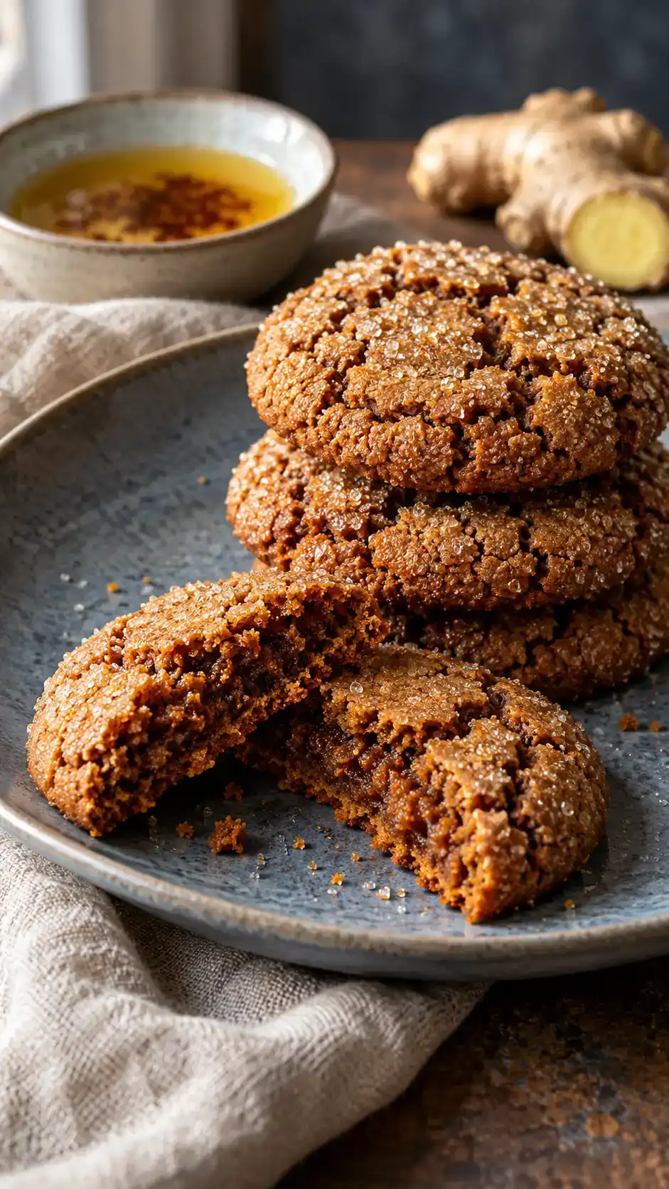 Large brown butter gingerbread cookies with toasted milk solids, fresh ginger and a sparkling sugar crust around chewy molasses centers.